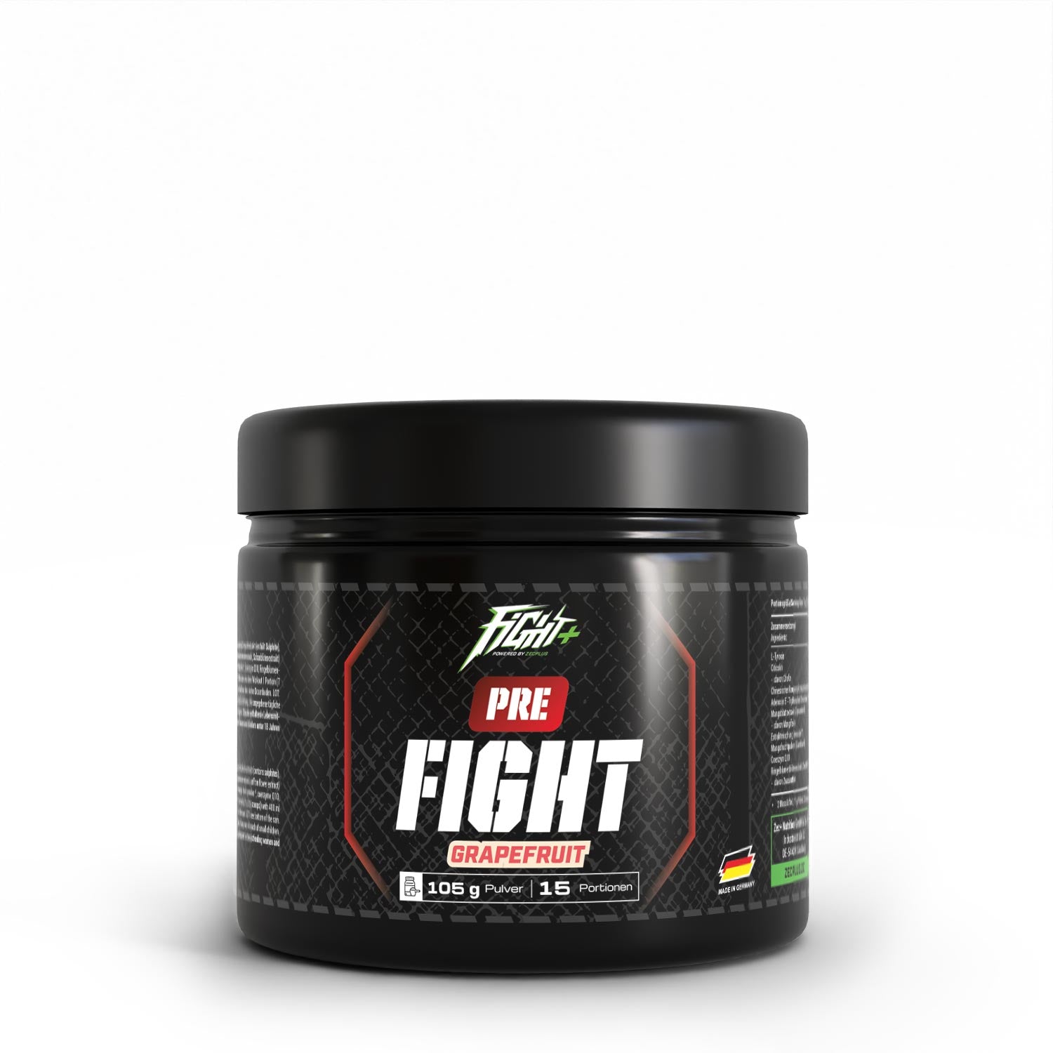 Fightplus Pre Fight Grapefruit Pre Workout Booster Pulver 105g für Kampsport Vorderseite schwarze Dose
