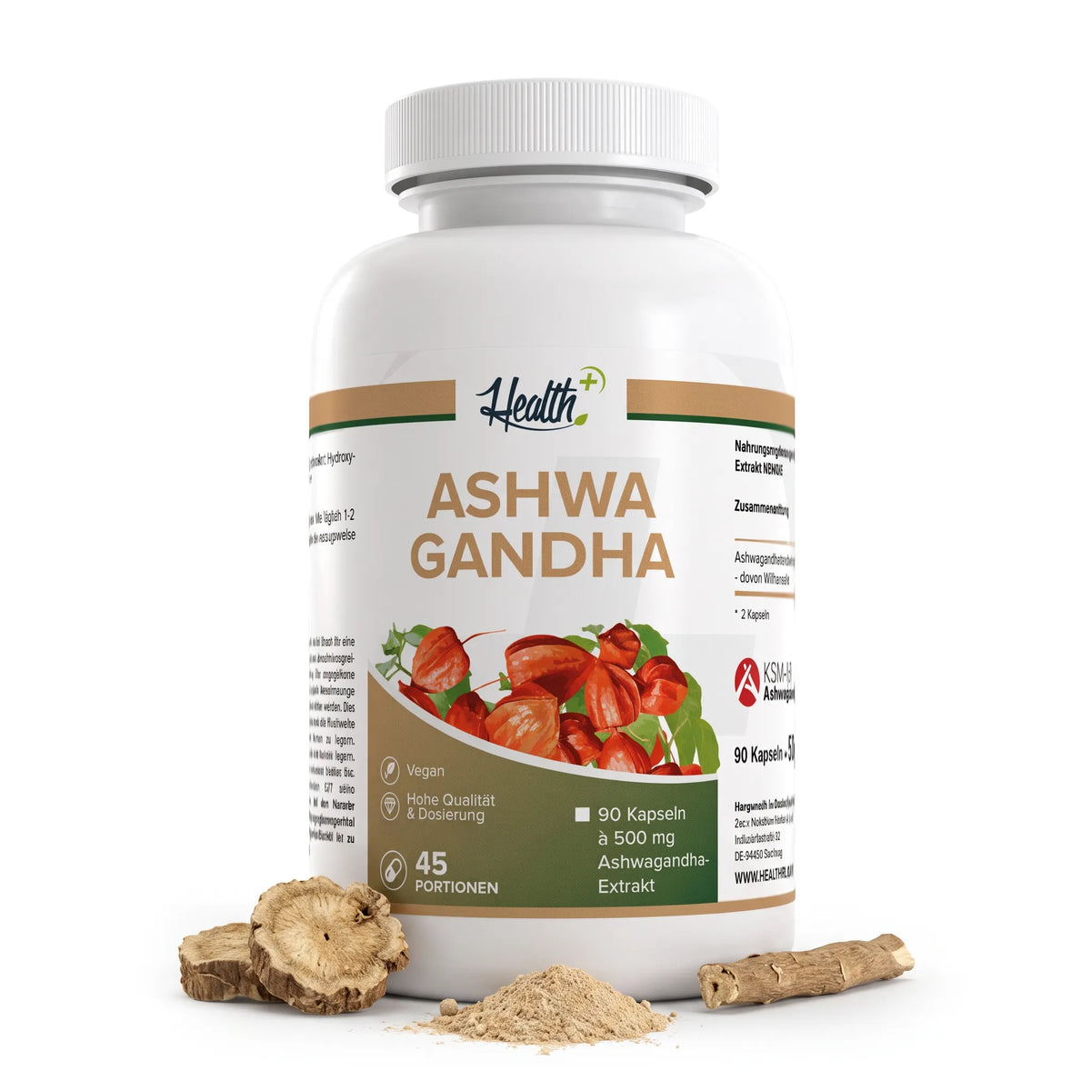 Healthplus Ashwagandha Kapseln 90 Stück Vorderseite weiße Kunststoffdose