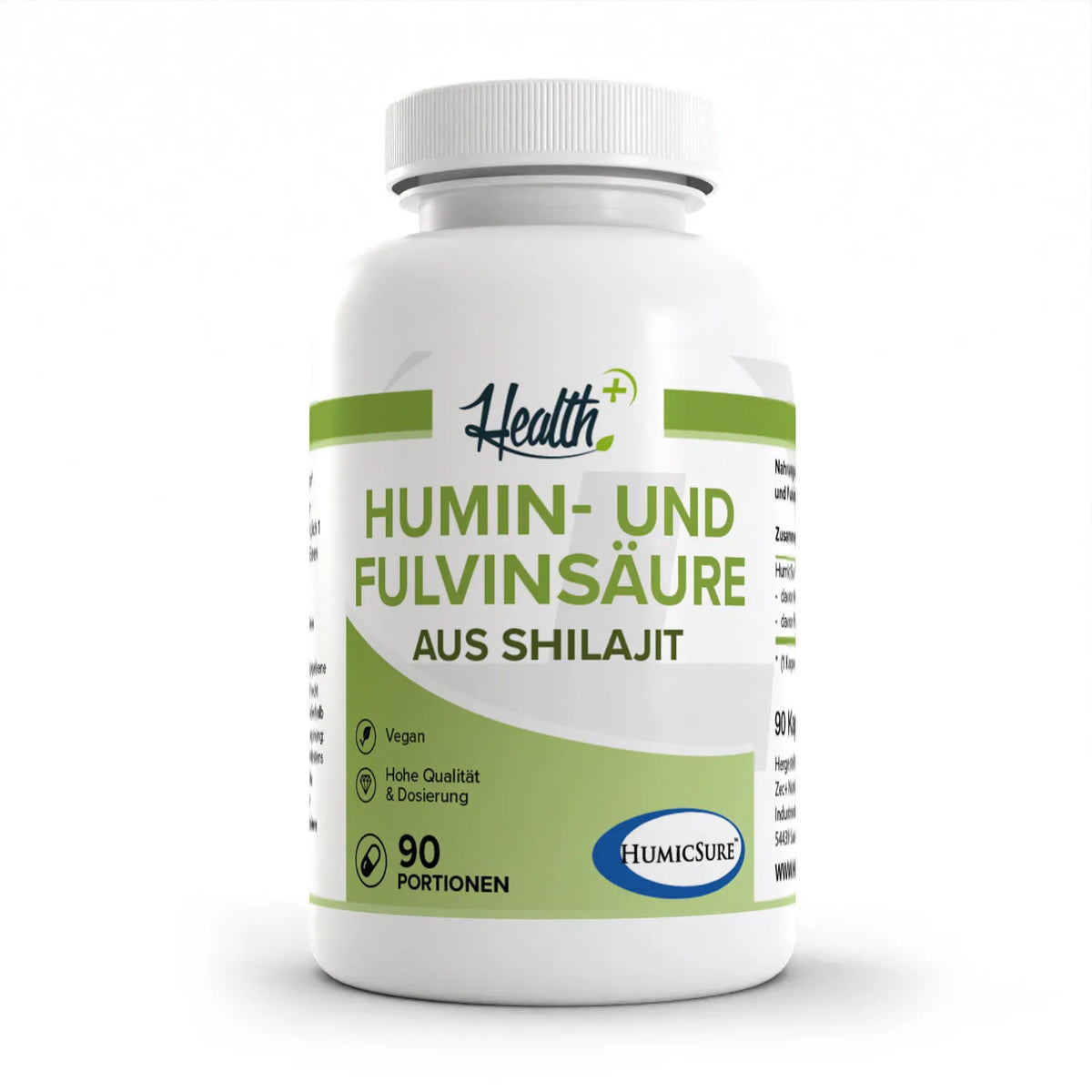 Healthplus Humin- und Fluvinsäure 90 Kapseln Vorderseite weiße Kunststoffdose
