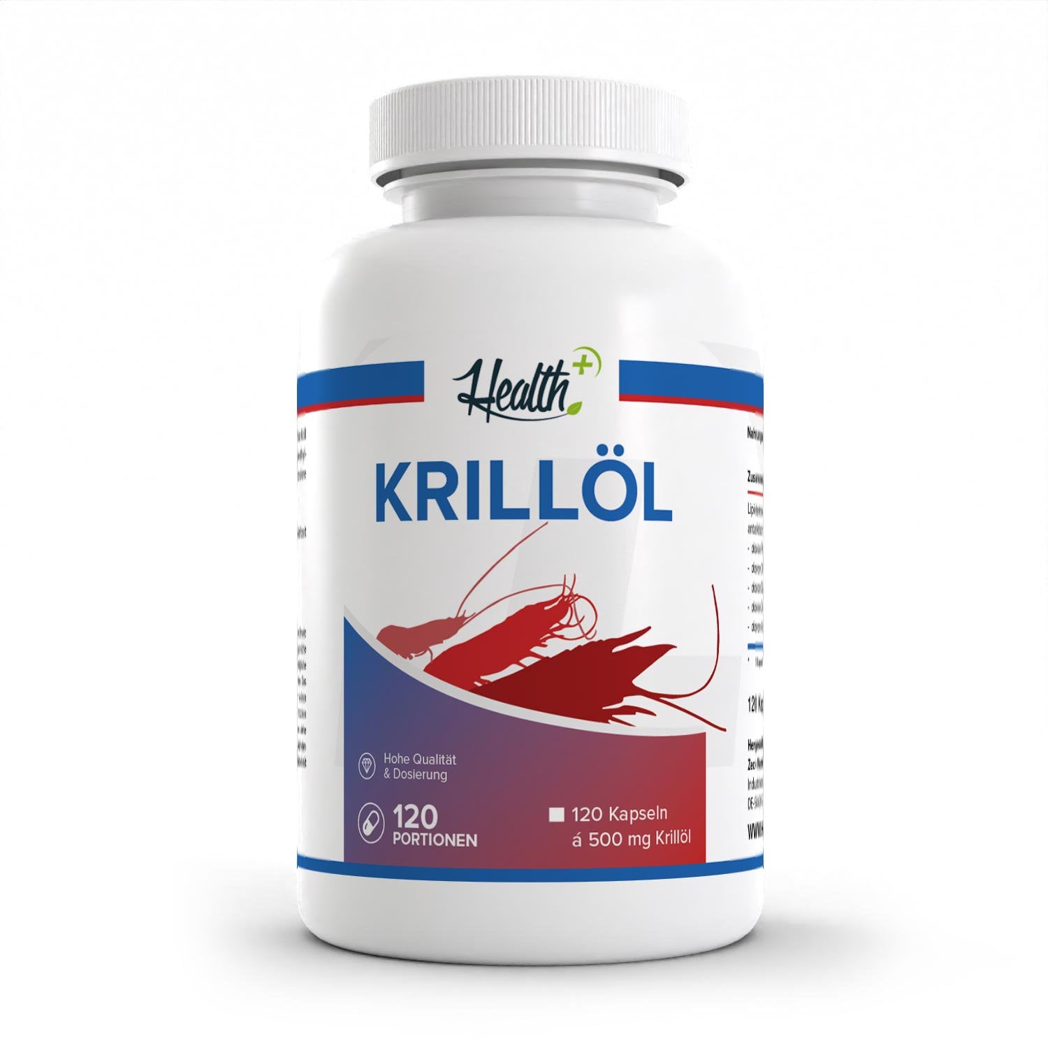 Healthplus Krillöl 120 Kapseln Vorderseite weiße Kunststoffdose