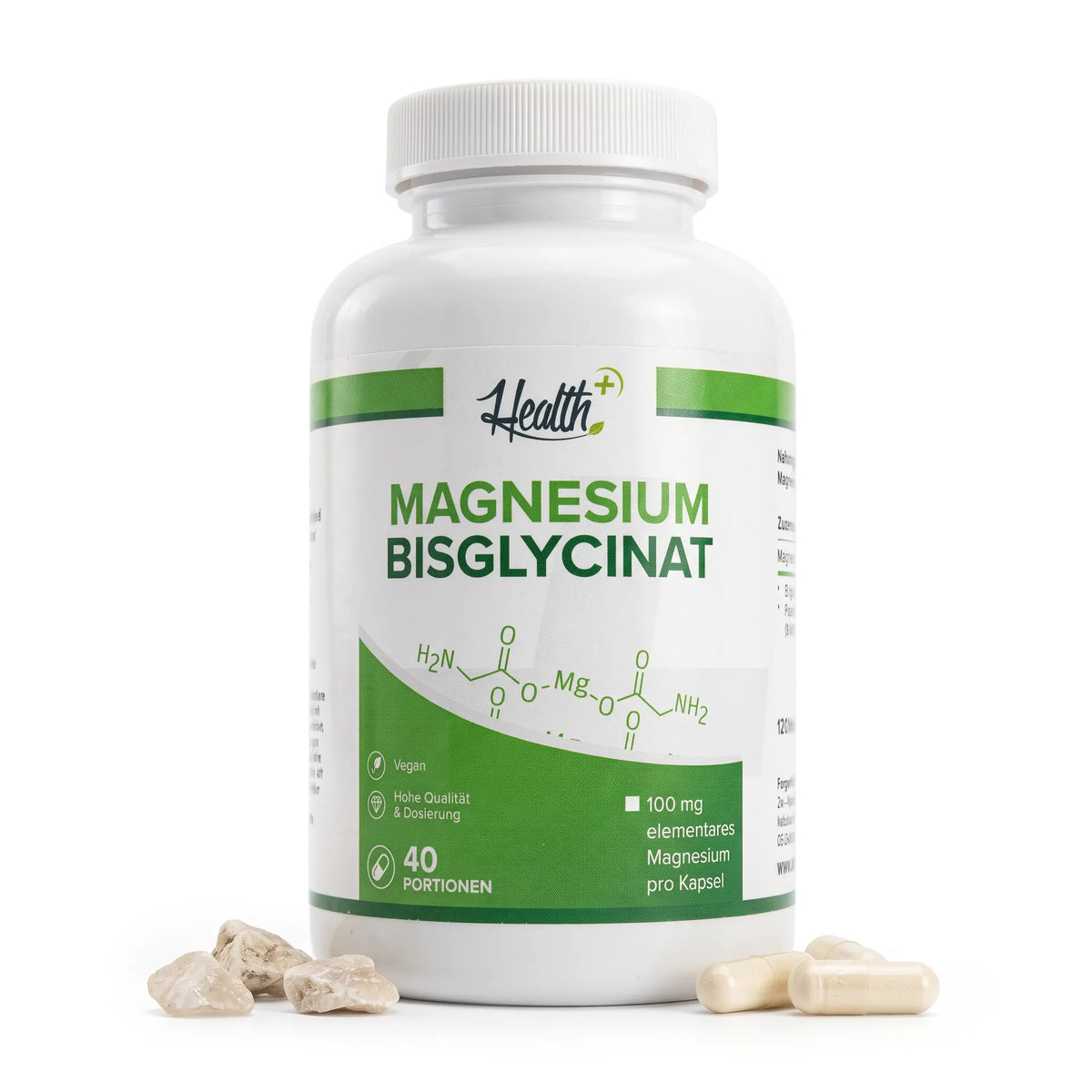 Healthplus Magnesiumbisglycinat 120 Kapseln Vorderseite weiße Kunststoffdose