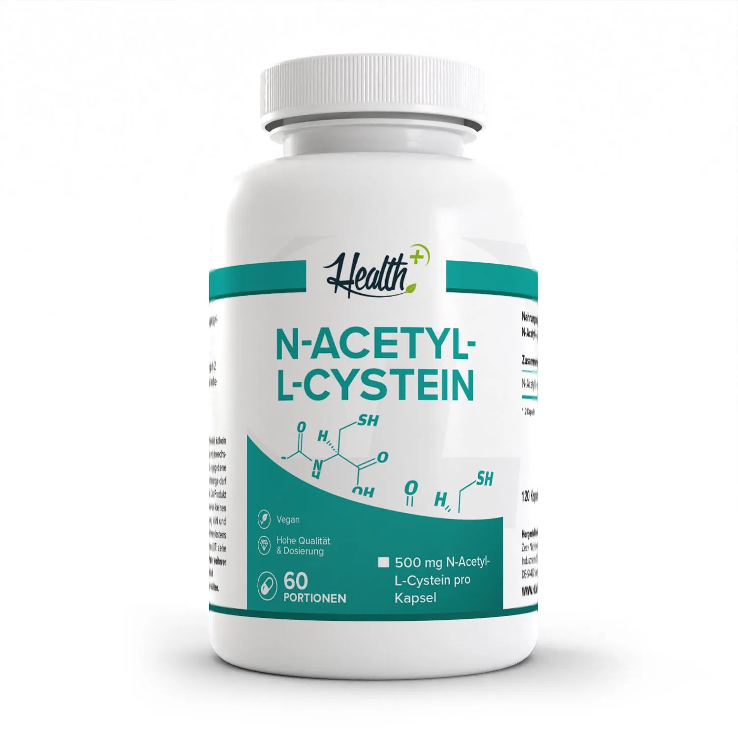 Healthplus N-Acetyl L-Cystein 120 Kapseln Vorderseite weiße Kunststoffdose