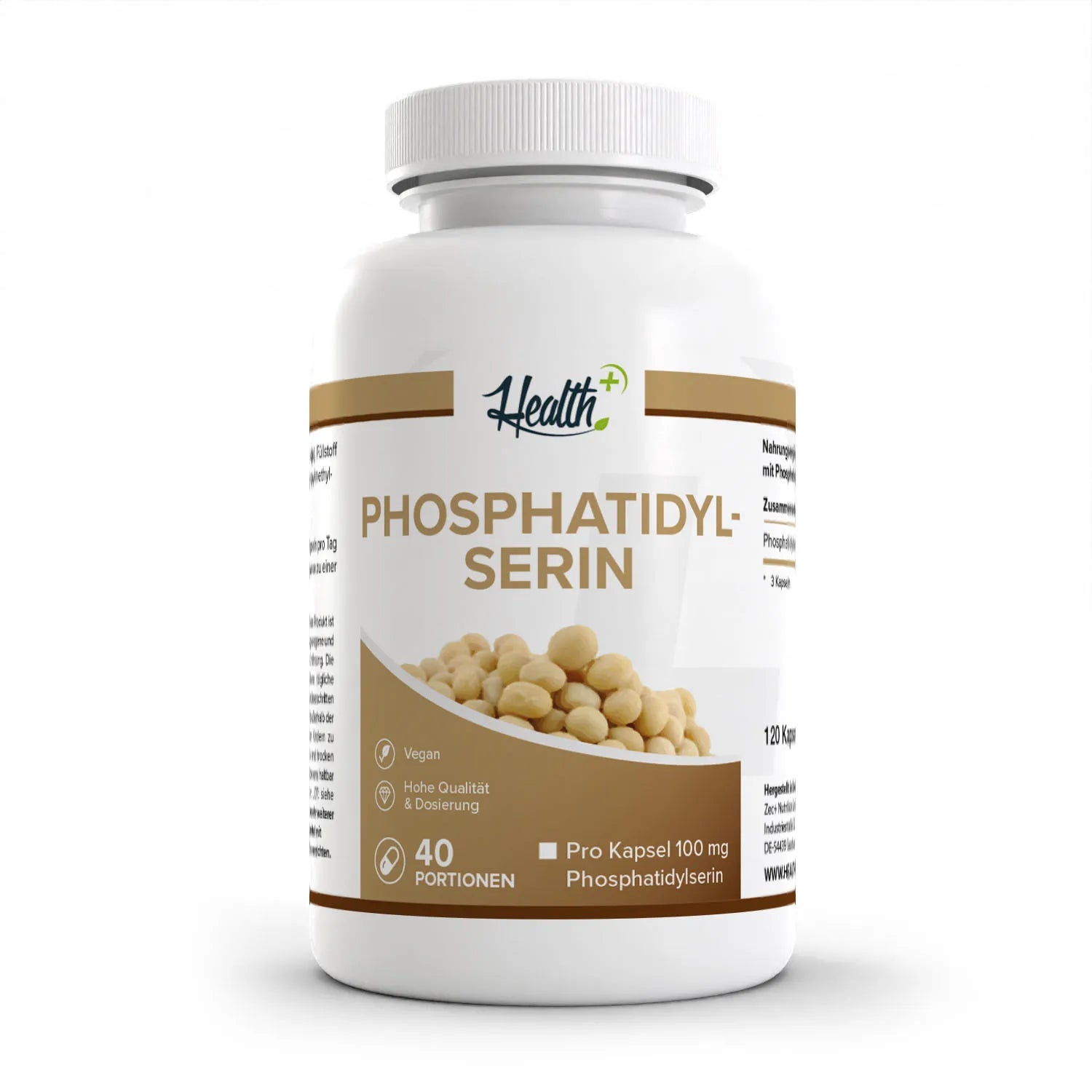 Healthplus Phosphatidylserin 120 Kapseln Vorderseite weiße Kunststoffdose