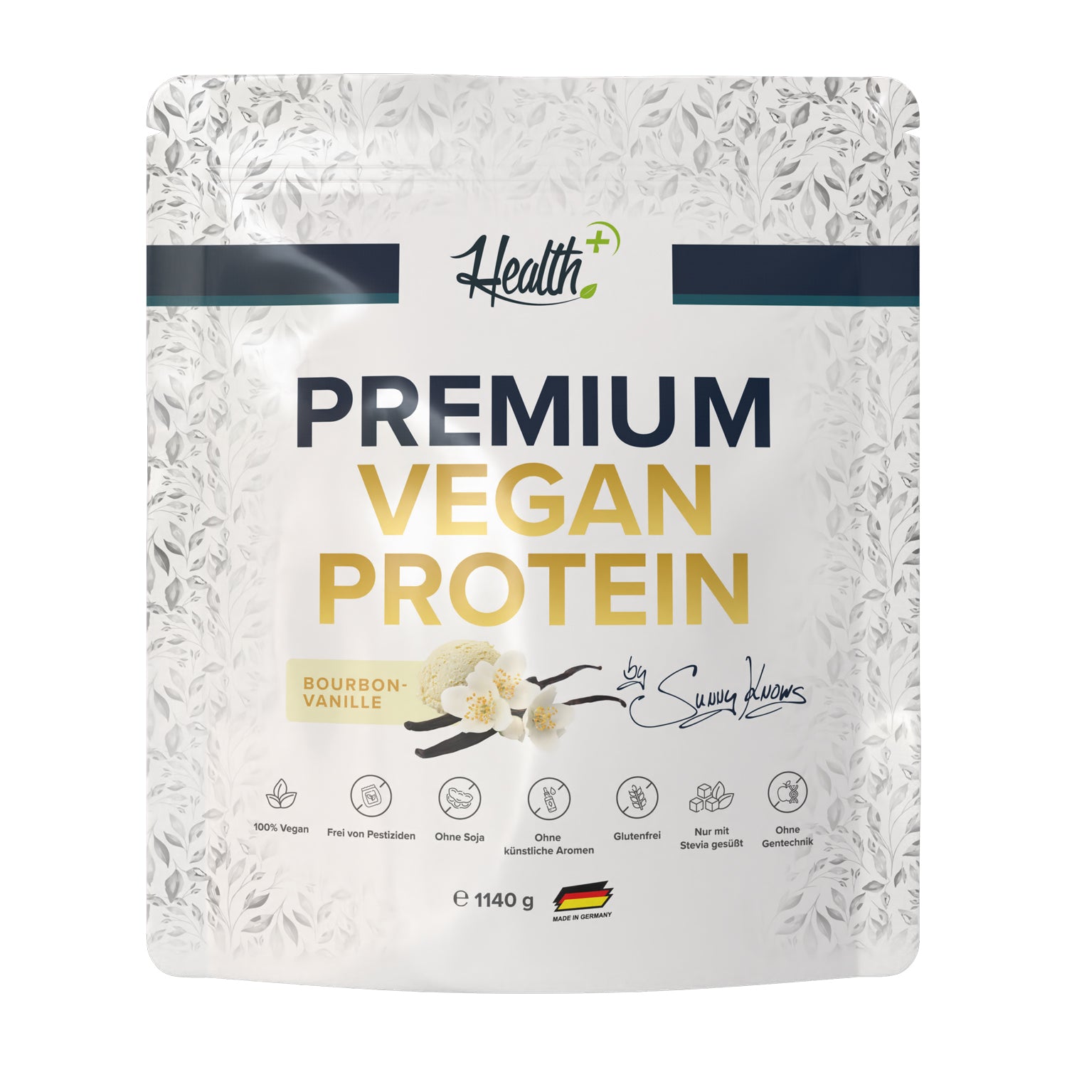 Healthplus Premium Vegan Protein Bourbon Vanille 1140g Proteinpulver Vorderseite weißer Standbeutel