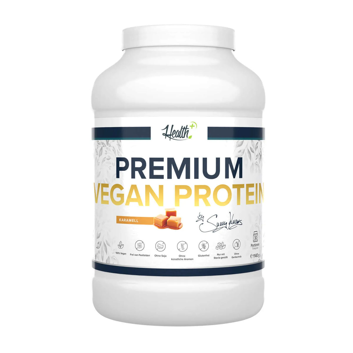 Healthplus Premium Vegan Protein Karamell 1140g Proteinpulver Vorderseite weiße Kunststoffdose