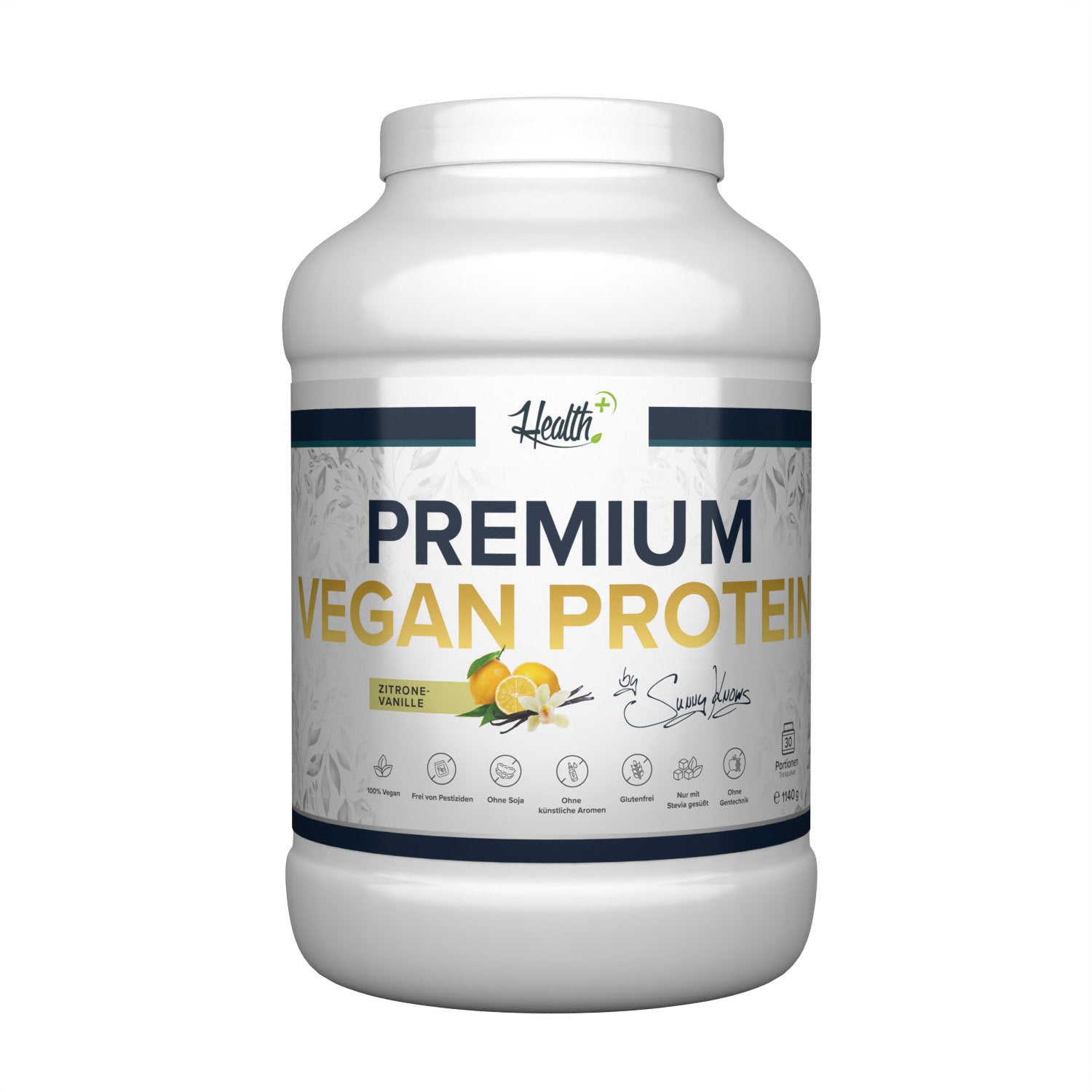 Healthplus Premium Vegan Protein Zitrone Vanille 1140g Proteinpulver Vorderseite weiße Kunststoffdose