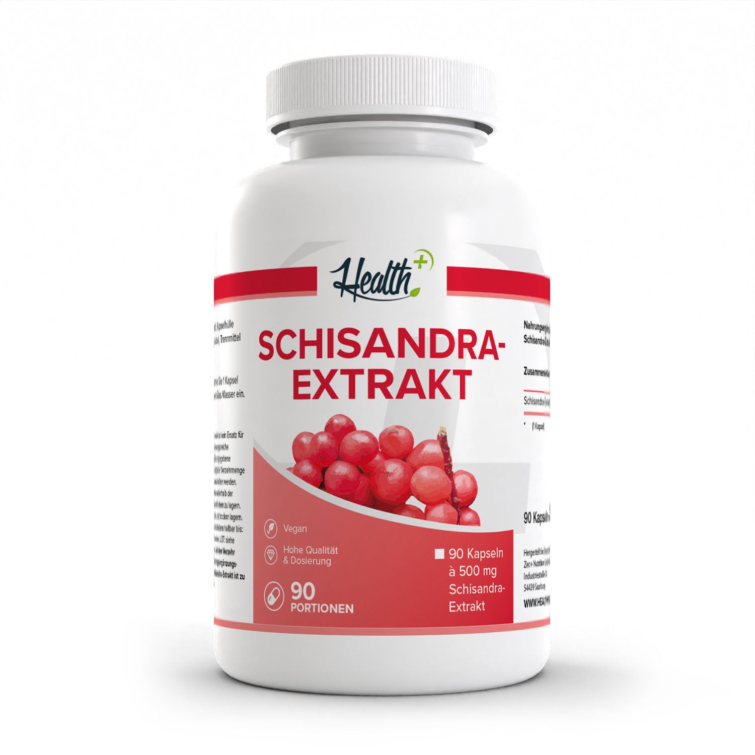 Healthplus Schisandra Extrakt 90 Kapseln Vorderseite weiße Kunststoffdose