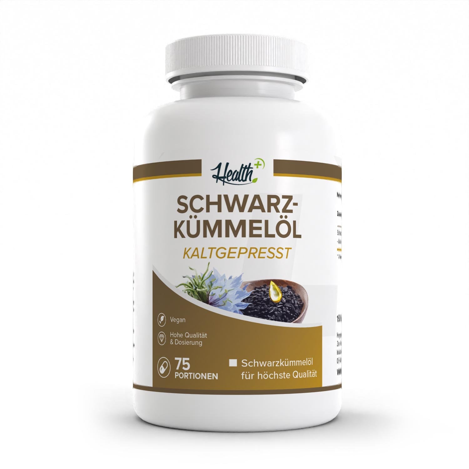Healthplus Schwarzkümmelöl kaltgepresst 150 Kapseln Vorderseite weiße Kunststoffdose
