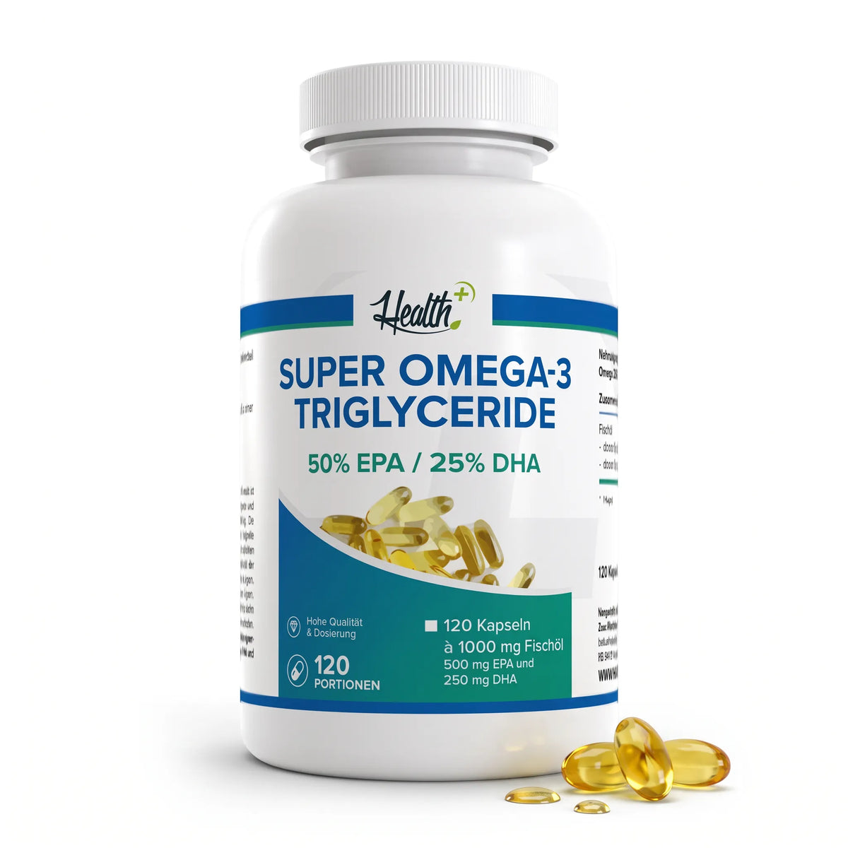 Healthplus Super Omega-3 Triglyceride EPA DHA 120 Kapseln Vorderseite weiße Kunststoffdose