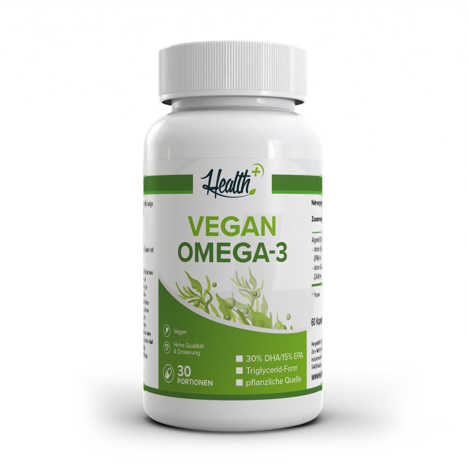Healthplus Vegan Omega 3 Algenöl Kapseln 60 Stück Vorderseite weiße Kunststoffdose