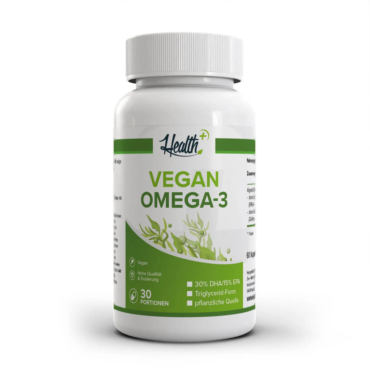 Healthplus Vegan Omega 3 Algenöl Kapseln 60 Stück Vorderseite weiße Kunststoffdose