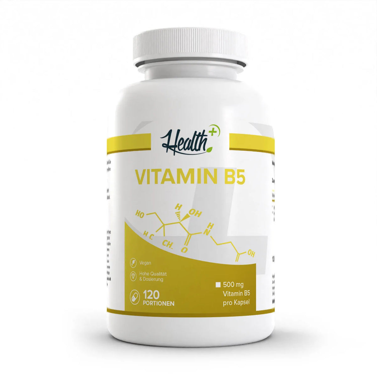 Healthplus Vitamin B5 120 Kapseln Vorderseite weiße Kunststoffdose