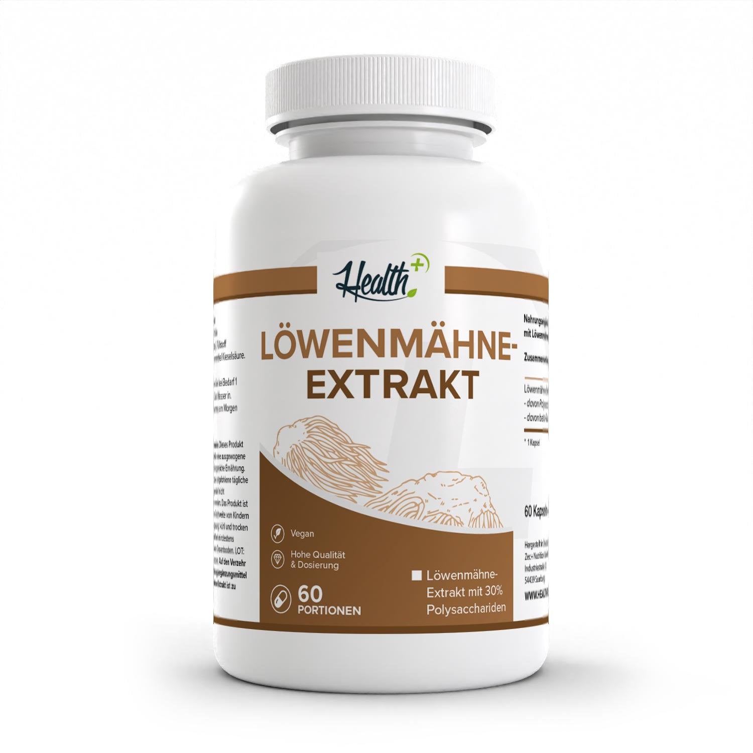 Healthplus Löwenmähne 60 Kapseln Vorderseite weiße Kunststoffdose