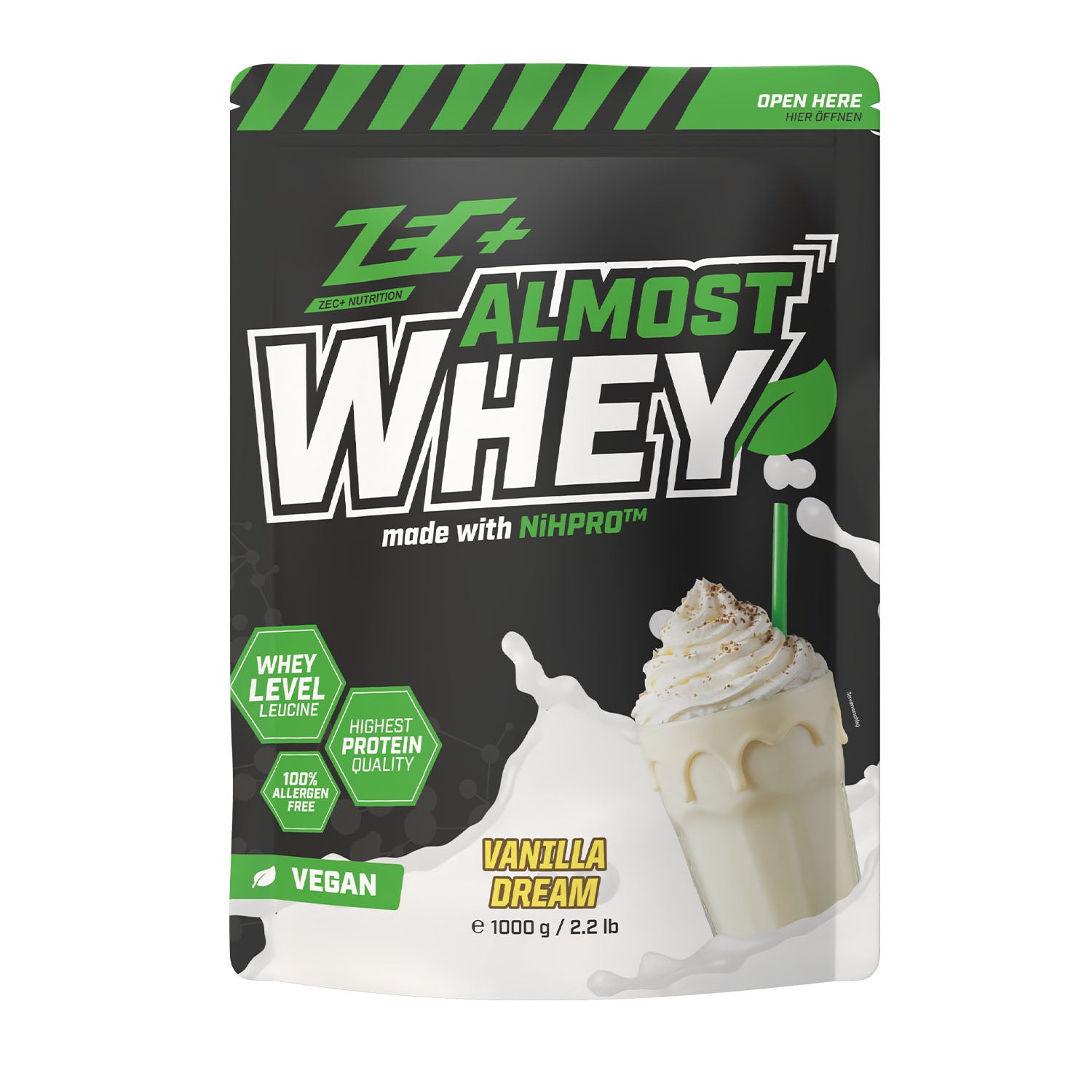 Zecplus Almost Whey Vanille 1000g veganes Proteinpulver Frontansicht schwarzer Kunststoffbeutel