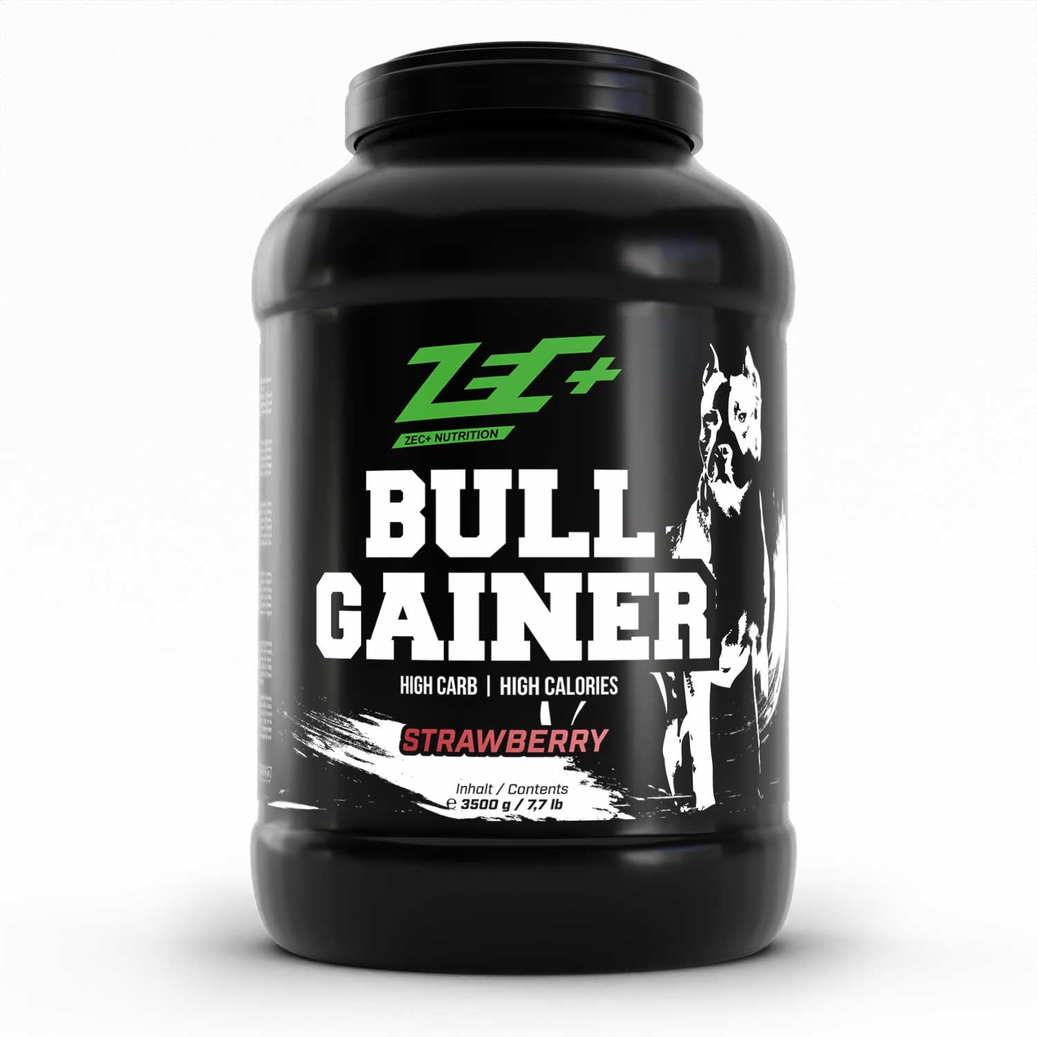 Zecplus Bullgainer Weightgainer 3500g Pulver Erdbeere Vorderseite schwarze Kunststoffdose