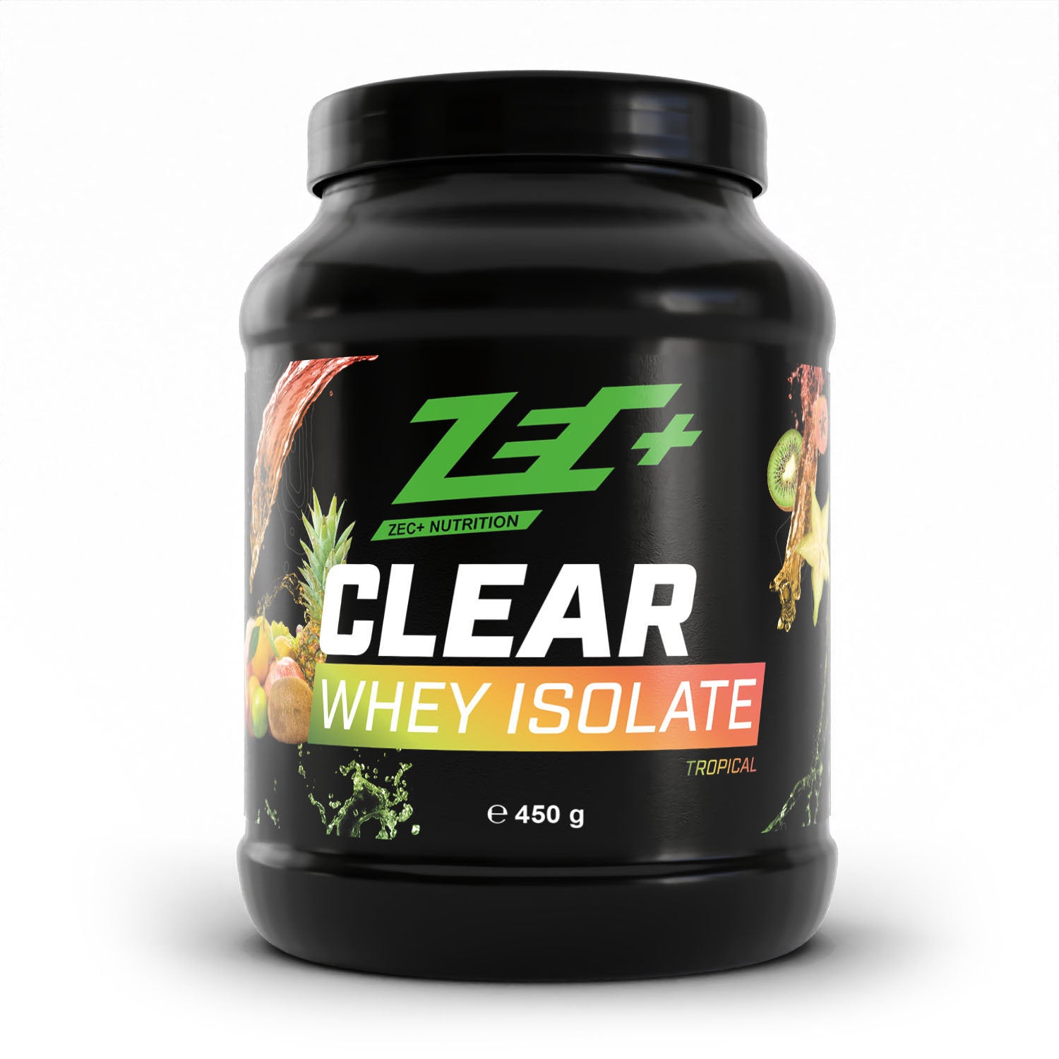 Zecplus Clear Whey Isolat Proteinpulver Tropical 450g Vorderseite schwarze Kunststoffdose