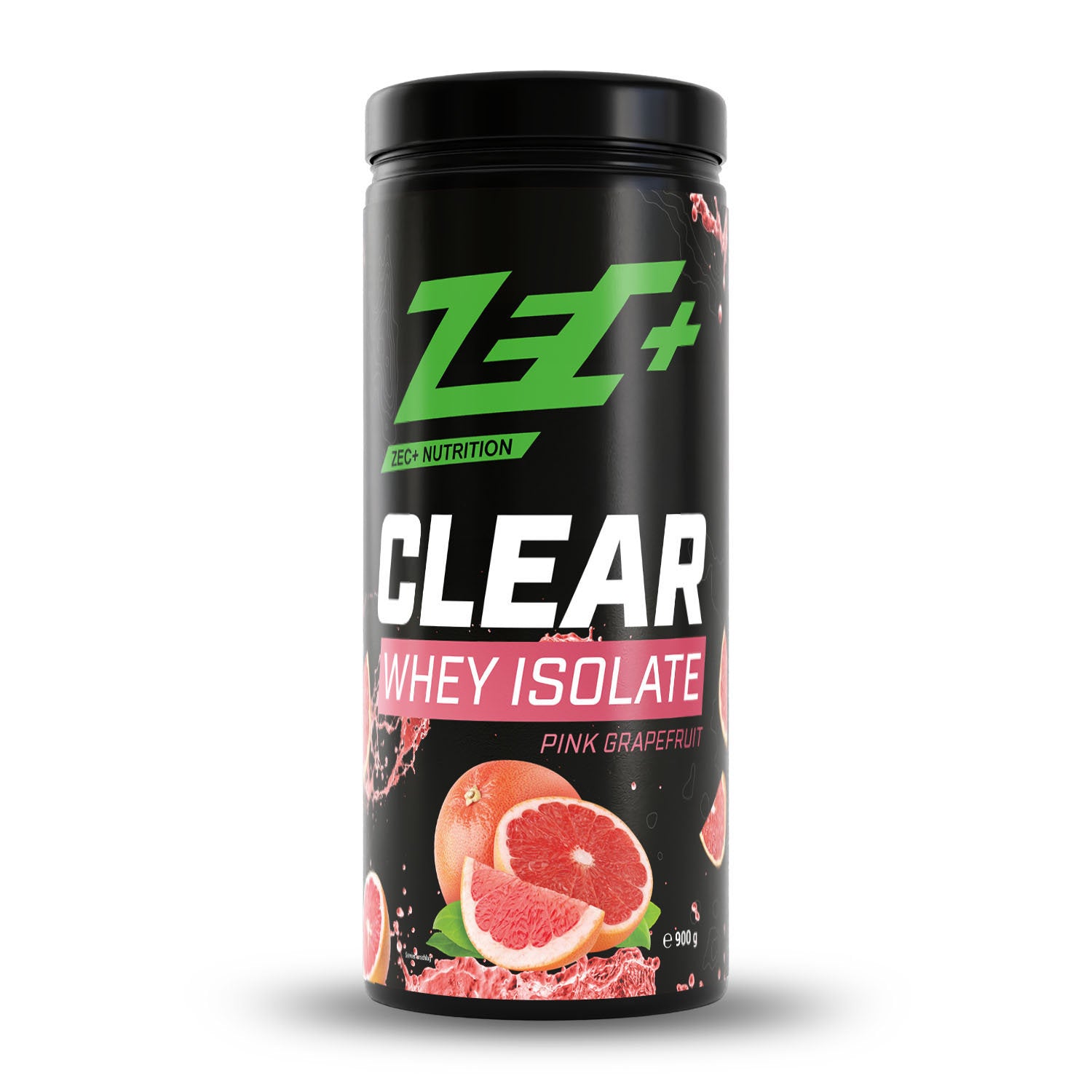 Zecplus Clear Whey Isolat Proteinpulver Pink Grapefruit 900g Vorderseite schwarze Kunststoffdose