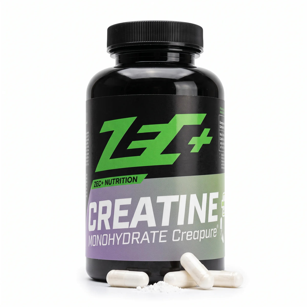 Zecplus Creatine Creapure Monohydrat Kapseln 180 Stück Vorderseite schwarze Kunststoffdose