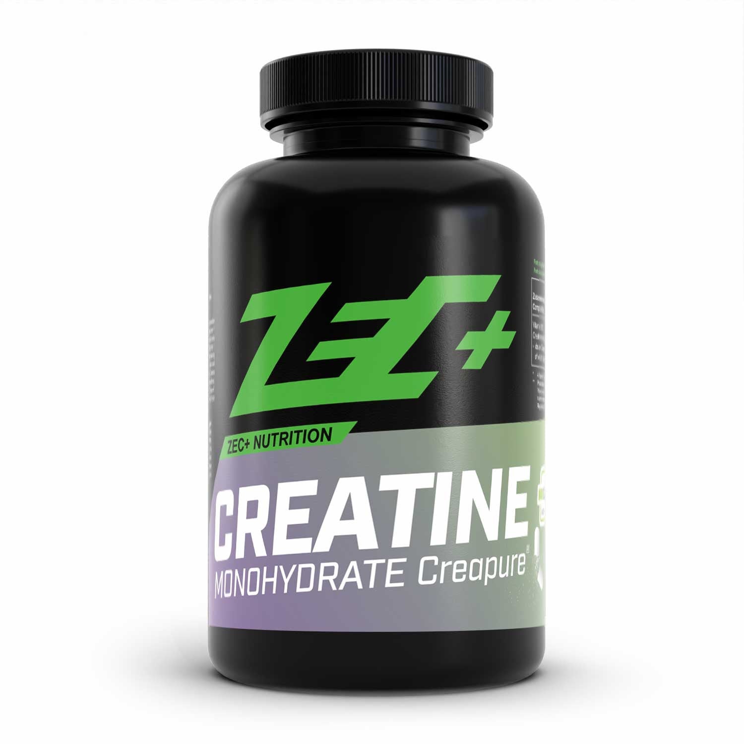 Zecplus Creatine Creapure Monohydrat Kapseln 180 Stück Vorderseite schwarze Kunststoffdose