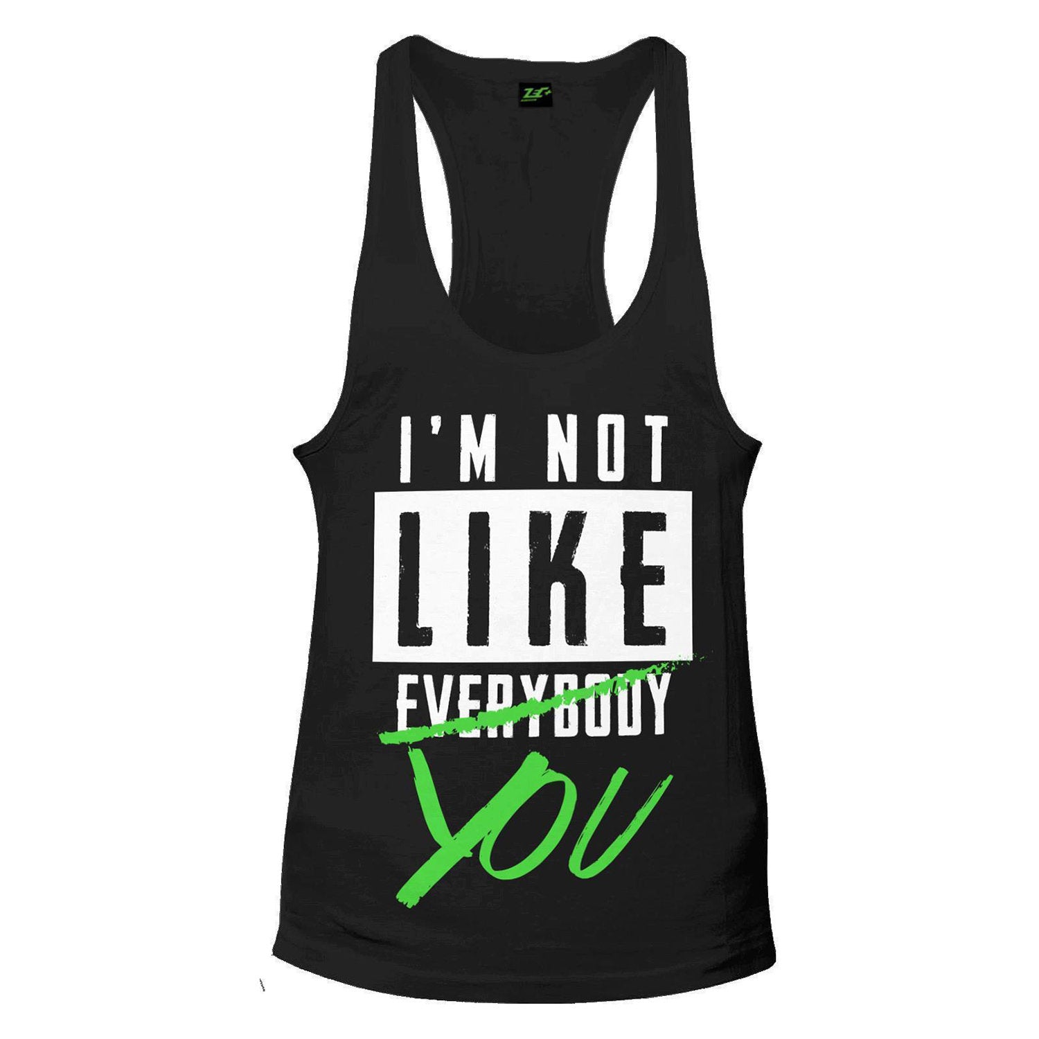 Schwarzer Herren-Stringer mit weiß-grünem Slogan I’m not like you auf der Vorderseite