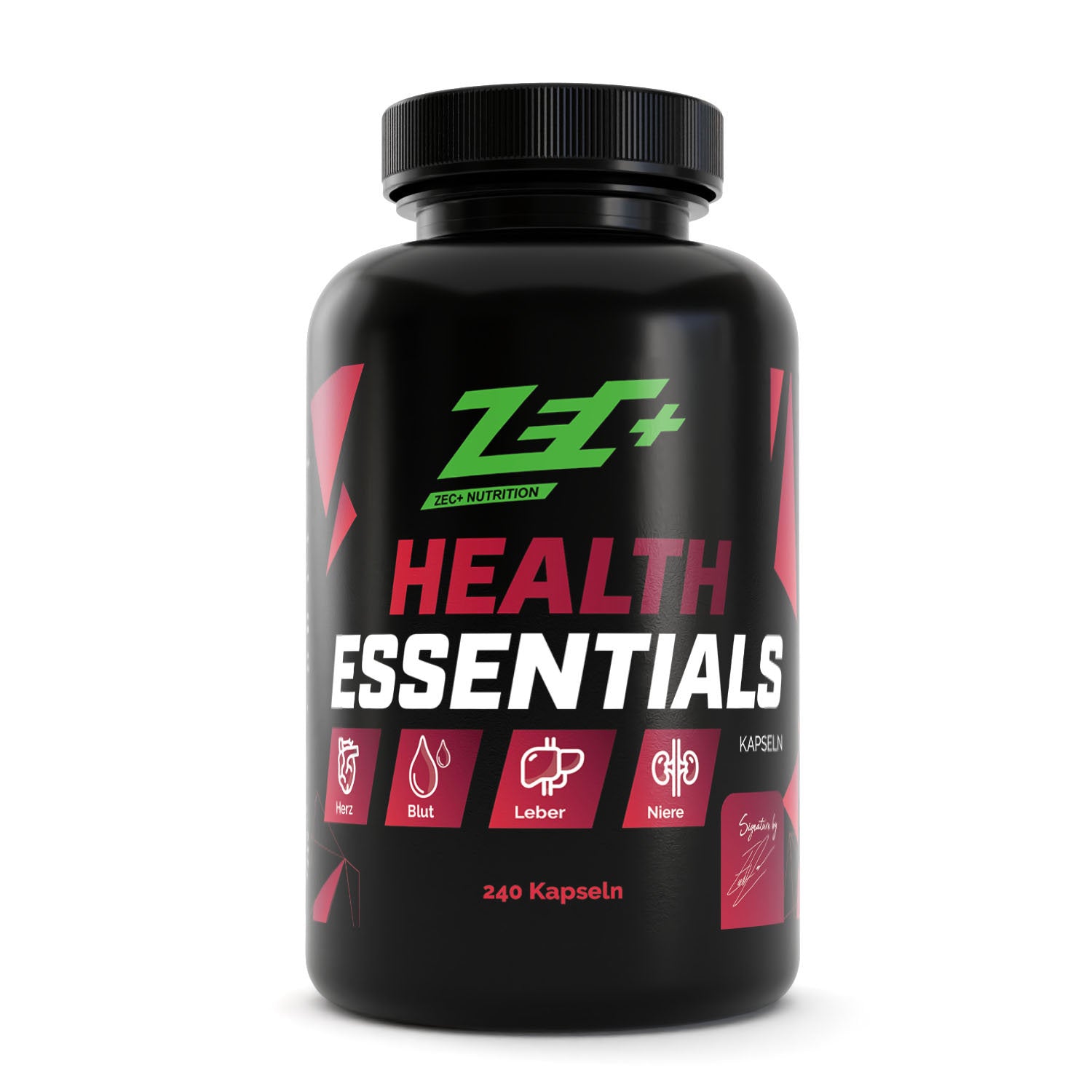 Zecplus Health Essentials 240 Kapseln Vorderseite schwarze Kunststoffdose