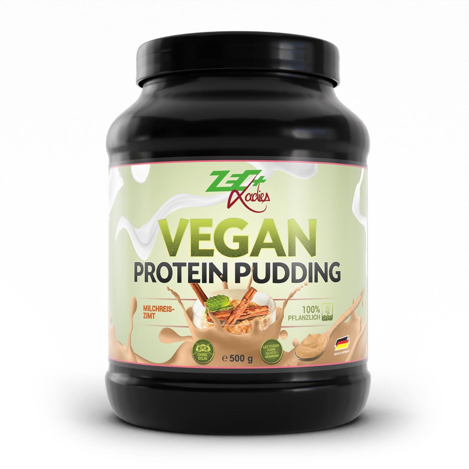Zecplus Ladies Vegan Proteinpudding Milchreis Zimt 500g Pulver Vorderseite schwarze Kunststoffdose