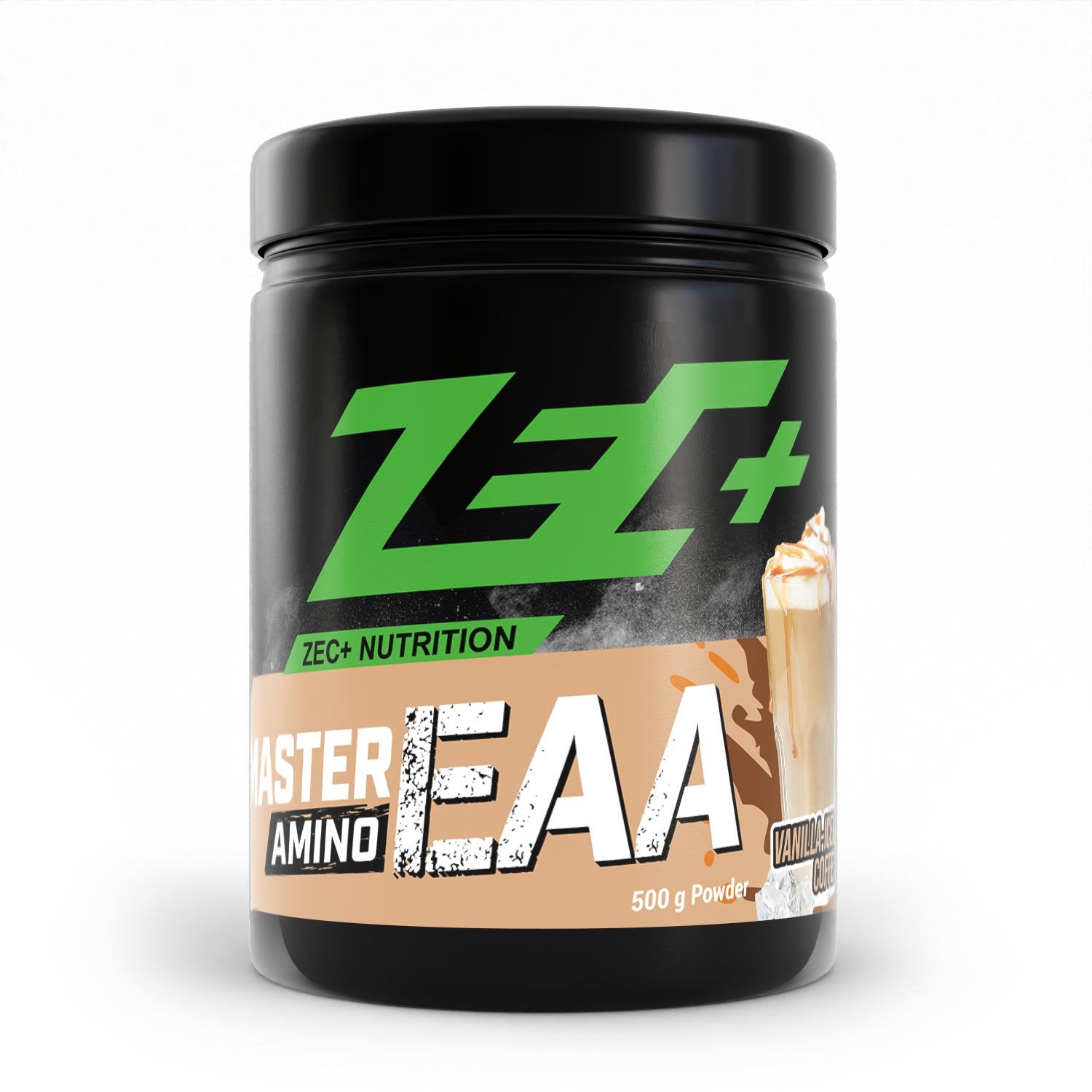 Zecplus Master Amino EAA Vanilla Iced Coffee 500g Pulver Vorderseite schwarze Kunststoffdose