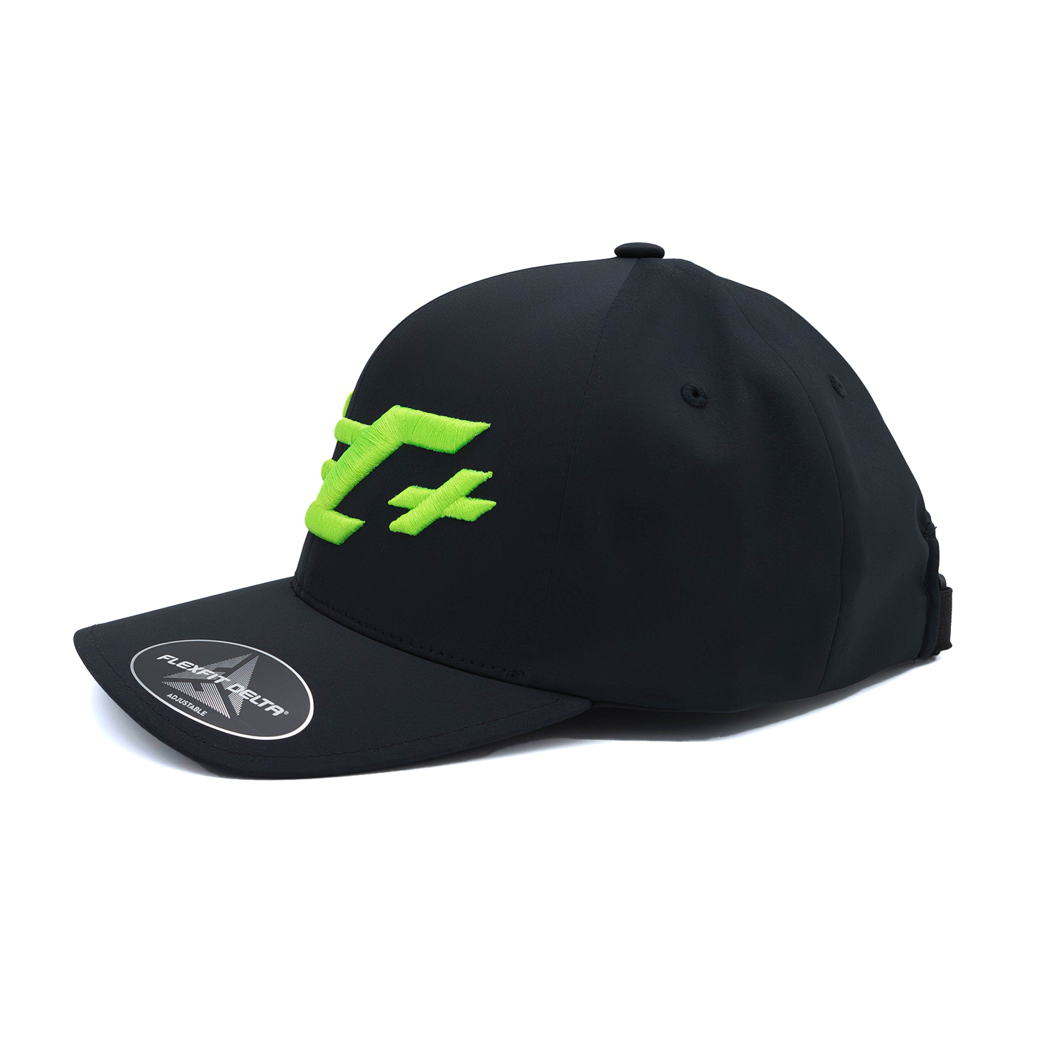 Schwarze Flexfit Cap Snapback Größe L-XL mit grünem Zec+ Logo, Seitenansicht