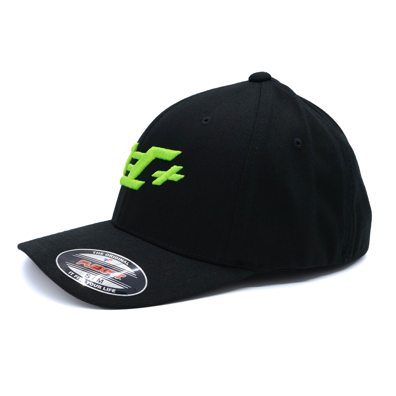 Schwarze Flexfit-Cap Wool Blend mit grünem Zec+ Logo, Seitenansicht