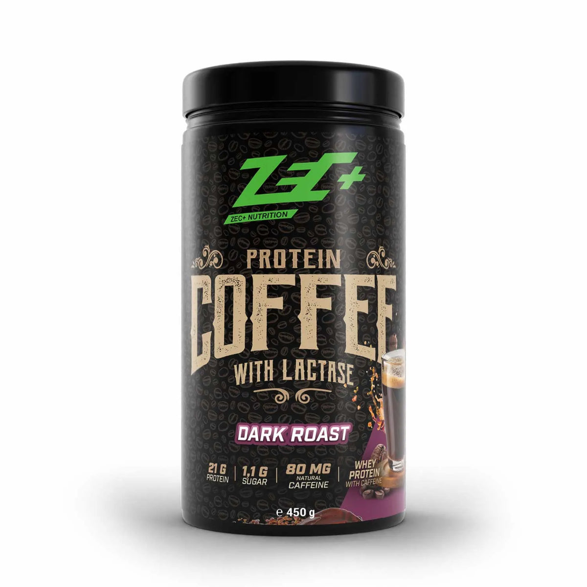 Zecplus Protein Coffee Dark Roast Pulver 450g Vorderseite schwarze Kunststoffdose