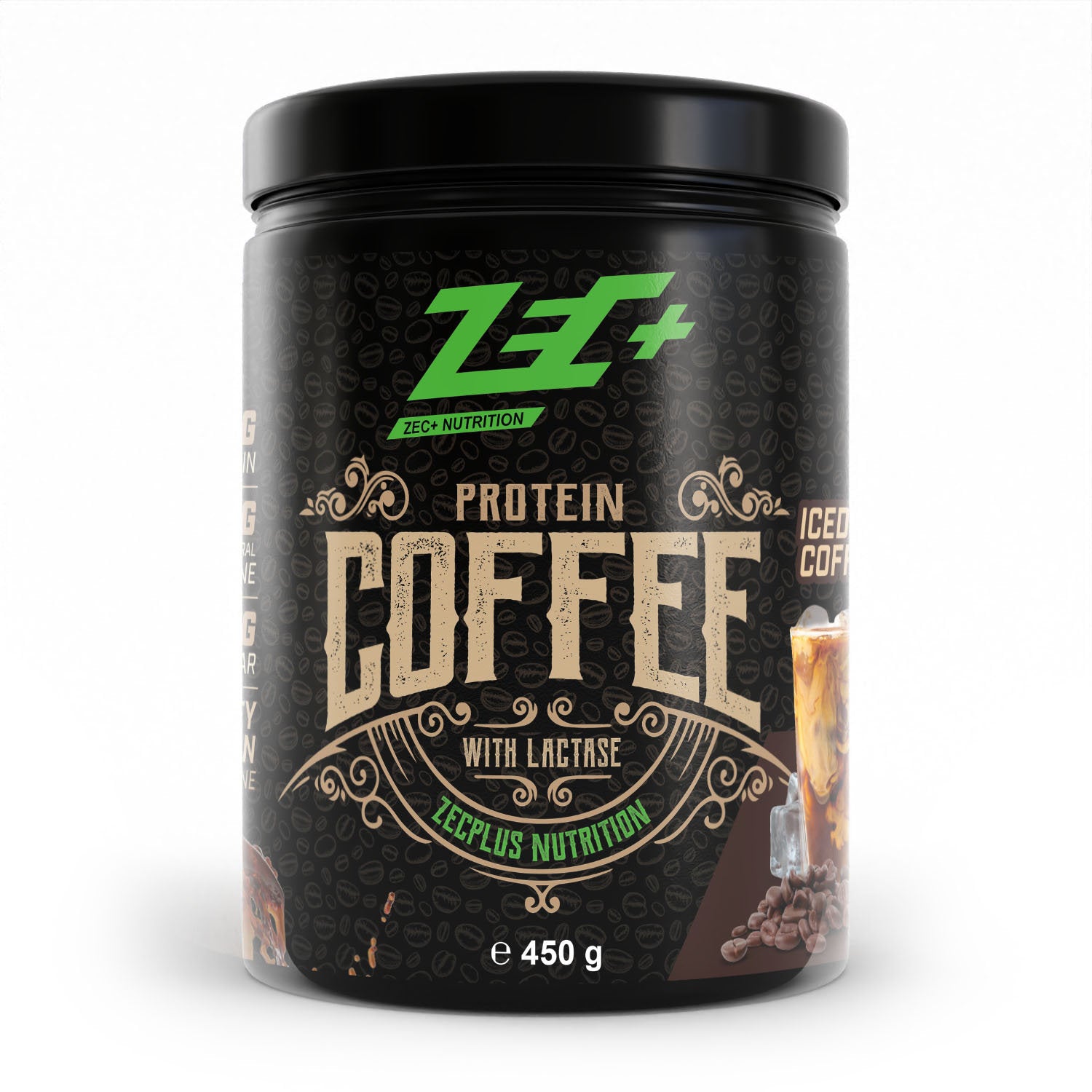 Zecplus Protein Coffee Iced Coffee Pulver 450g Vorderseite schwarze Kunststoffdose