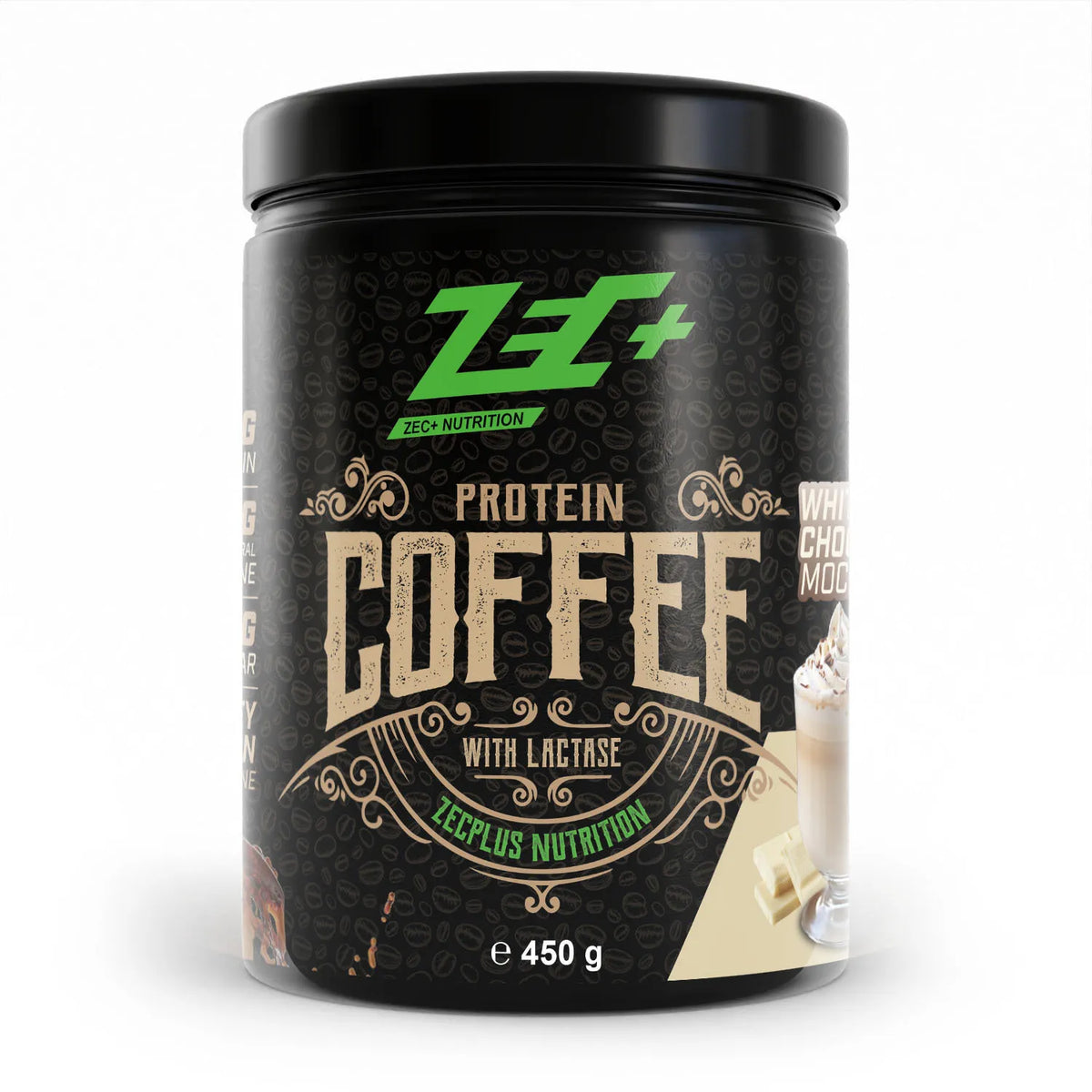 Zecplus Protein Coffee White Mocha Pulver 450g Vorderseite schwarze Kunststoffdose