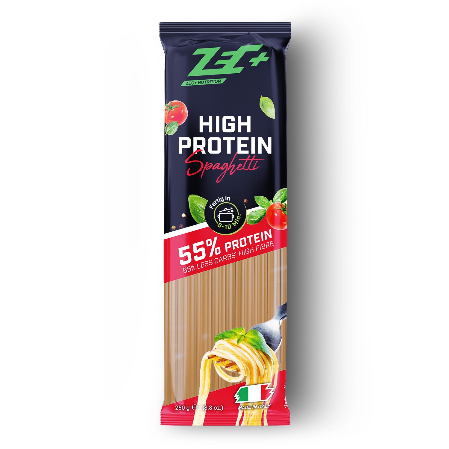 Zecplus High Protein Spaghetti 1 Packung 250g Vorderseite Kunststoffverpackung