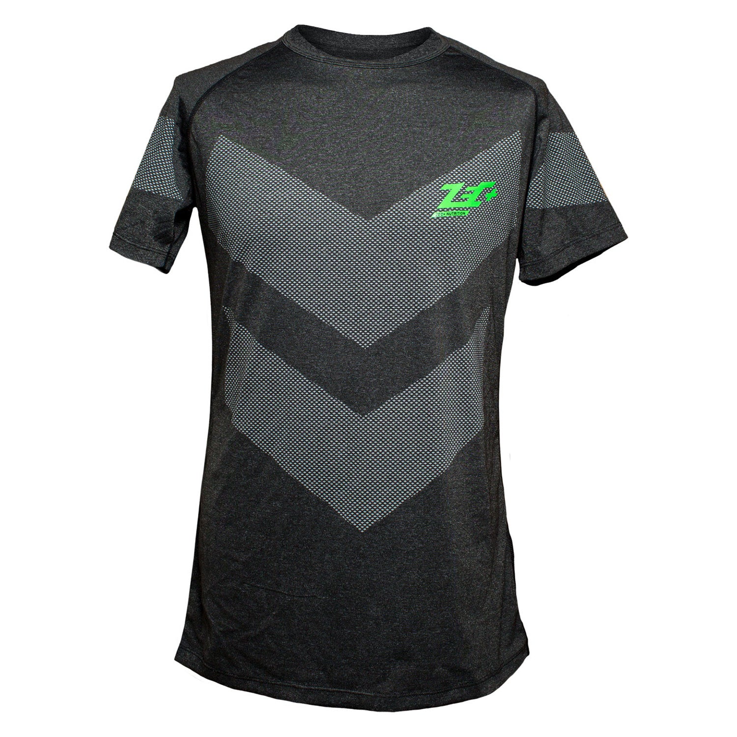Schwarzes Herren T-Shirt Dark Black mit grauen Pfeilmuster und grünem Zec+ Logo, Vorderseite
