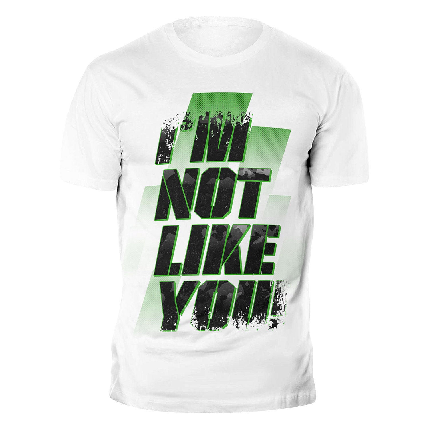 Weißes Herren-T-Shirt mit grün-schwarzem Aufdruck I’M NOT LIKE YOU auf der Vorderseite