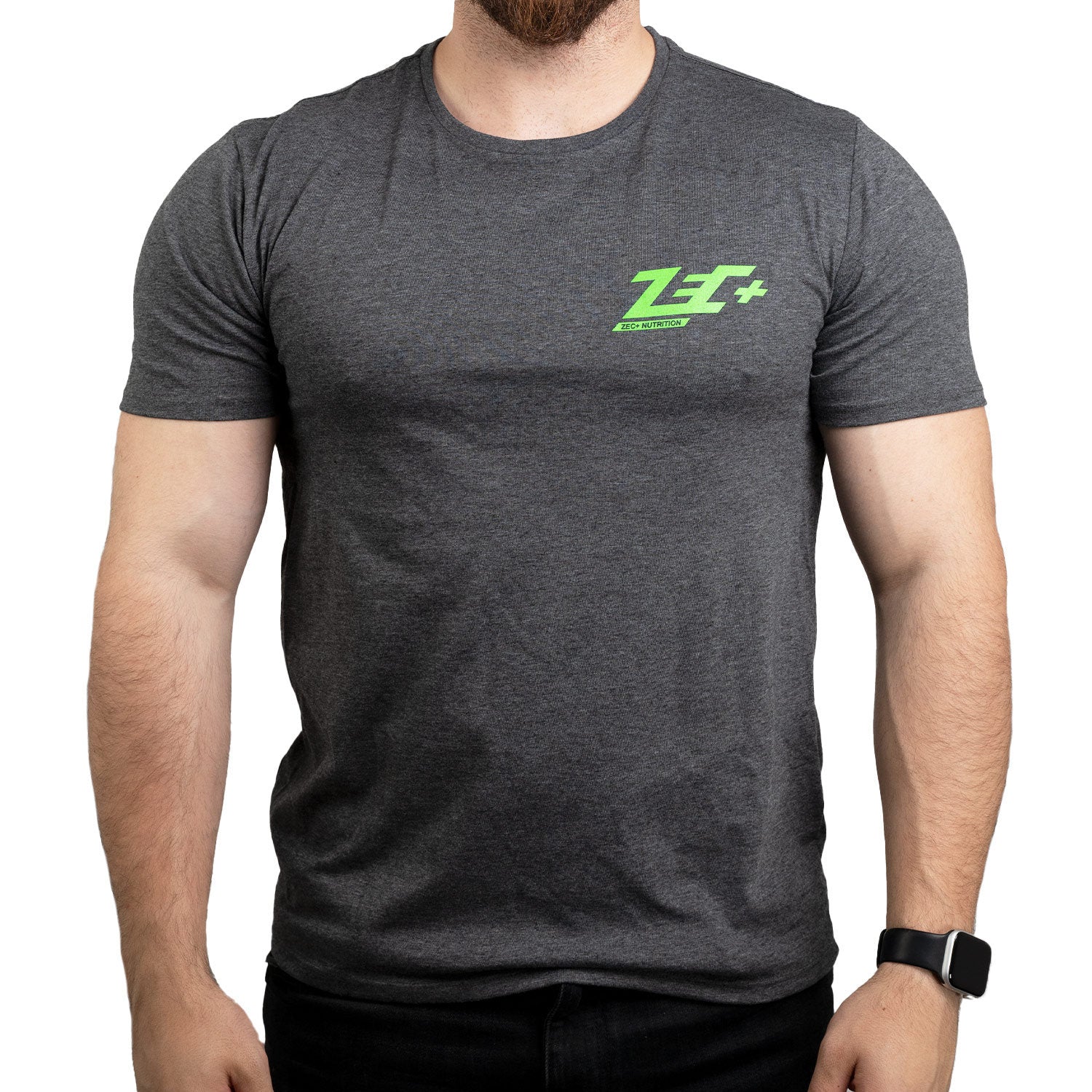 Zec+ T-Shirt Herren Melange Schwarz Vorderseite mit grünem Logo