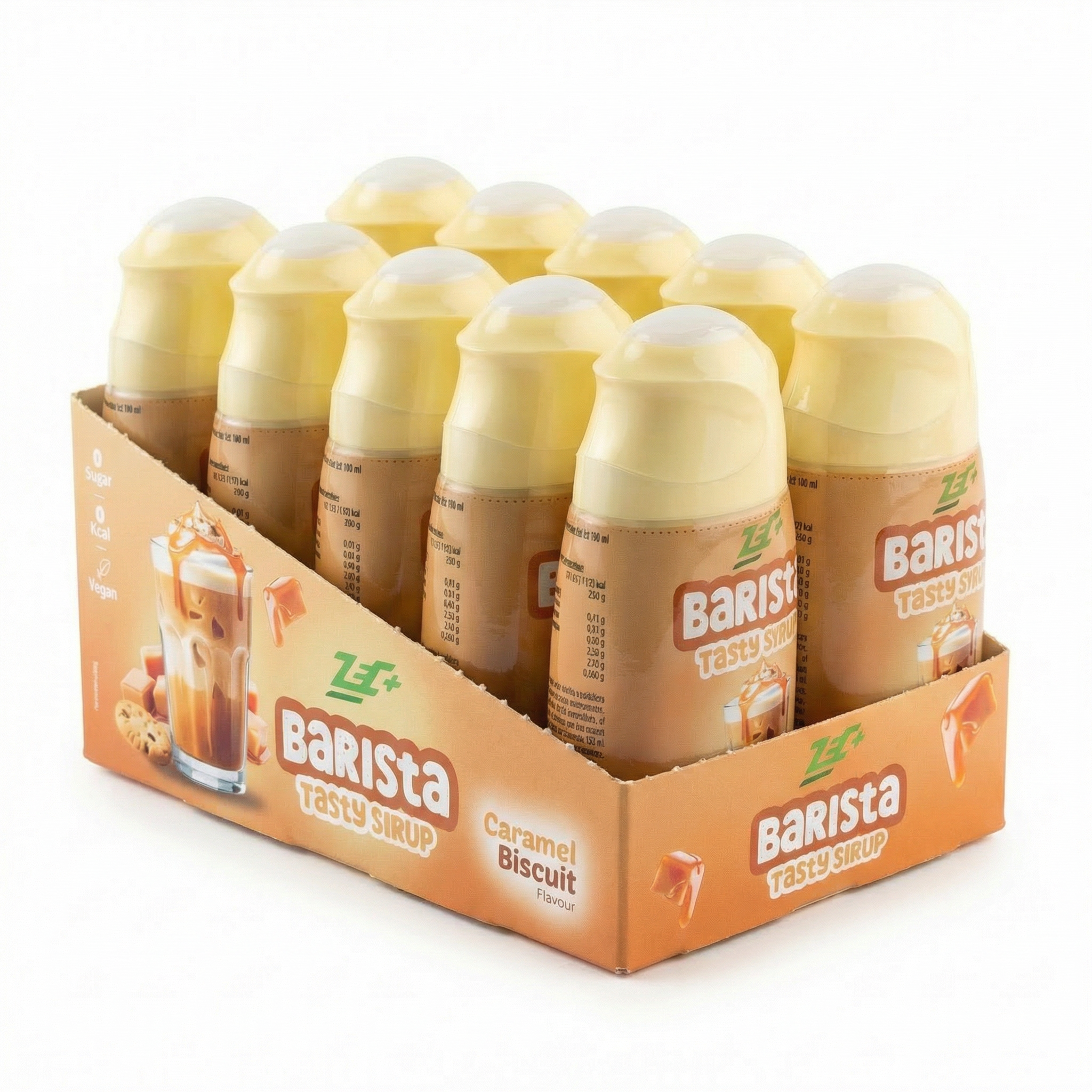 Zecplus Tasty Sirup Barista Flavour Drops Geschmack Karamell Biscuit Vorderansicht Tray mit 10 Stück weiß-transparente Dosierflasche 65ml mit orange-braunem Label