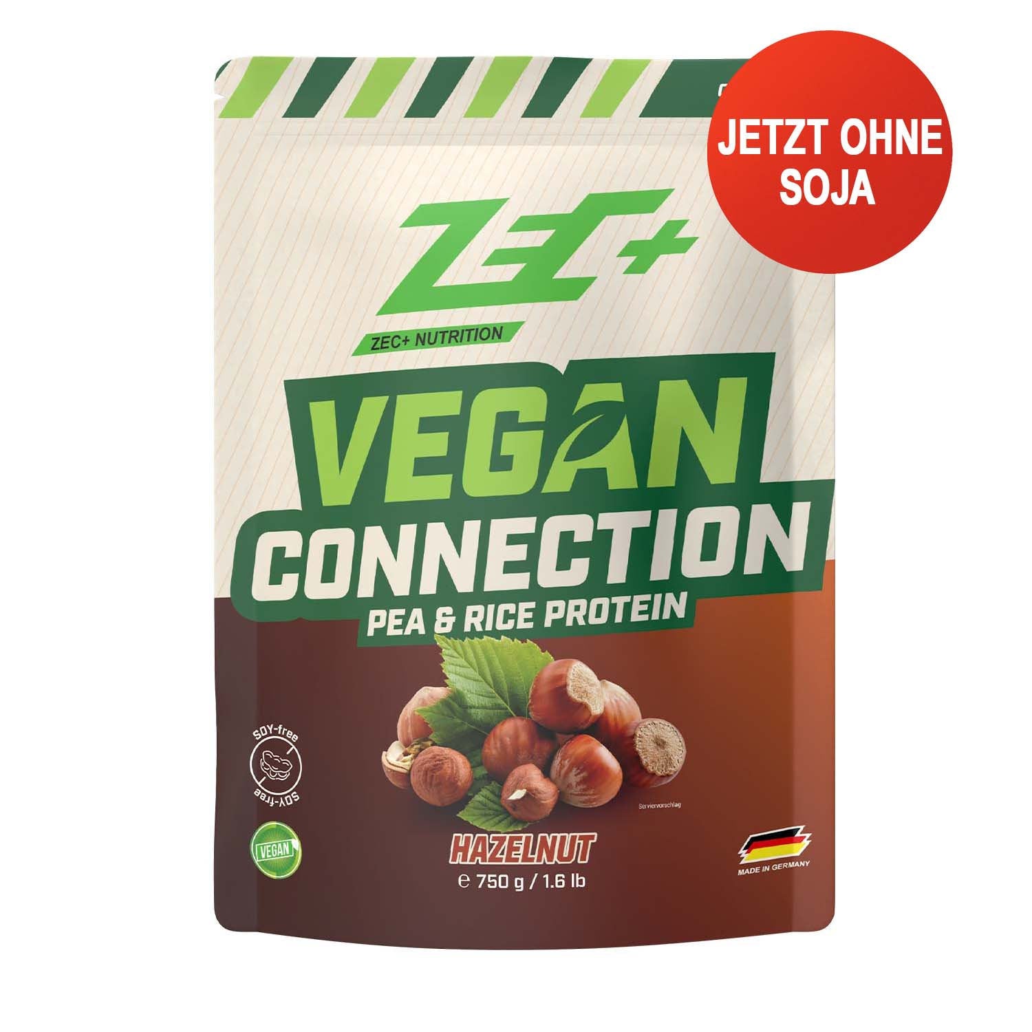 Zecplus Vegan Connection Haselnuss 750g Eiweißpulver Vorderseite beiger Standbeutel