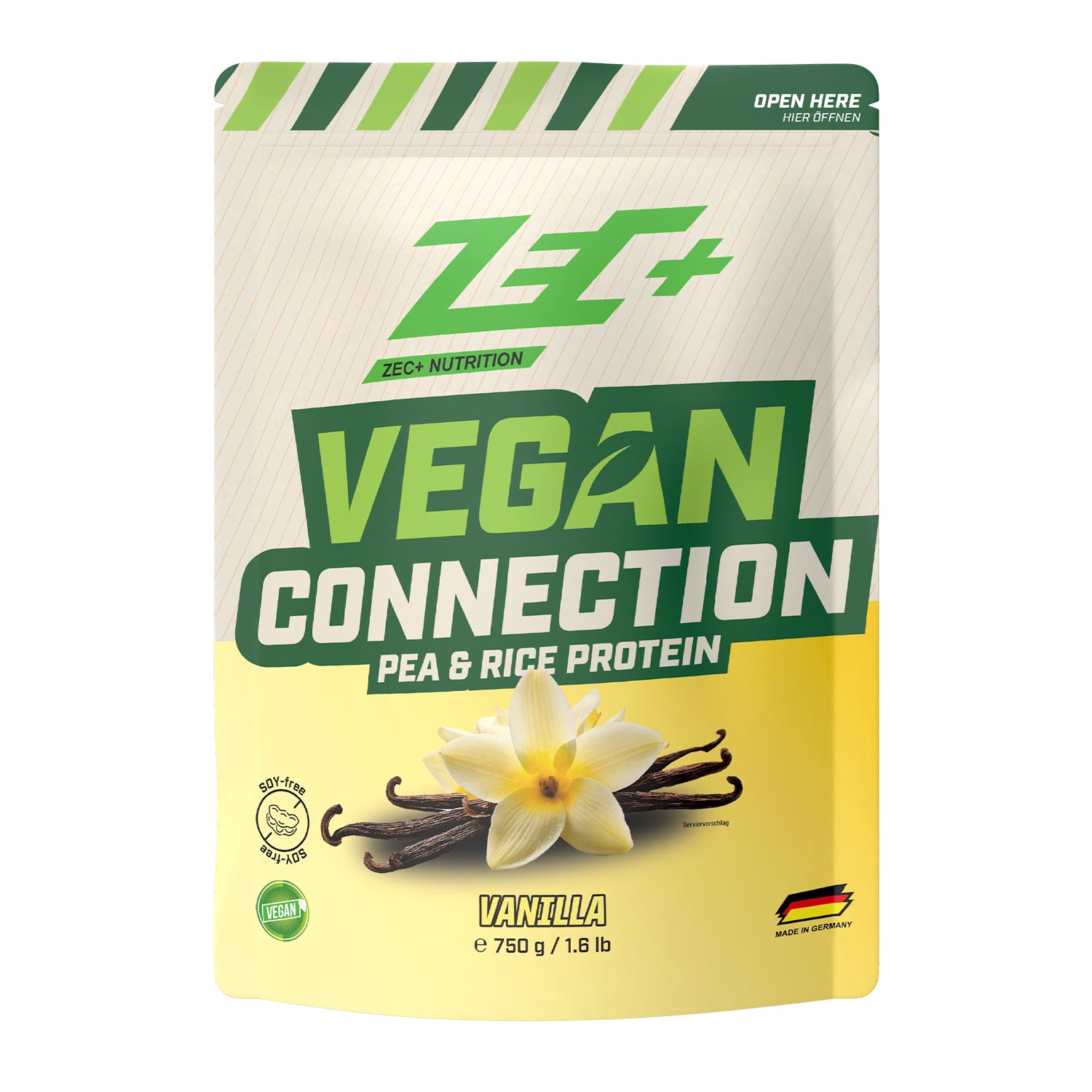 Zecplus Vegan Connection Vanille 750g Eiweißpulver Vorderseite beiger Standbeutel