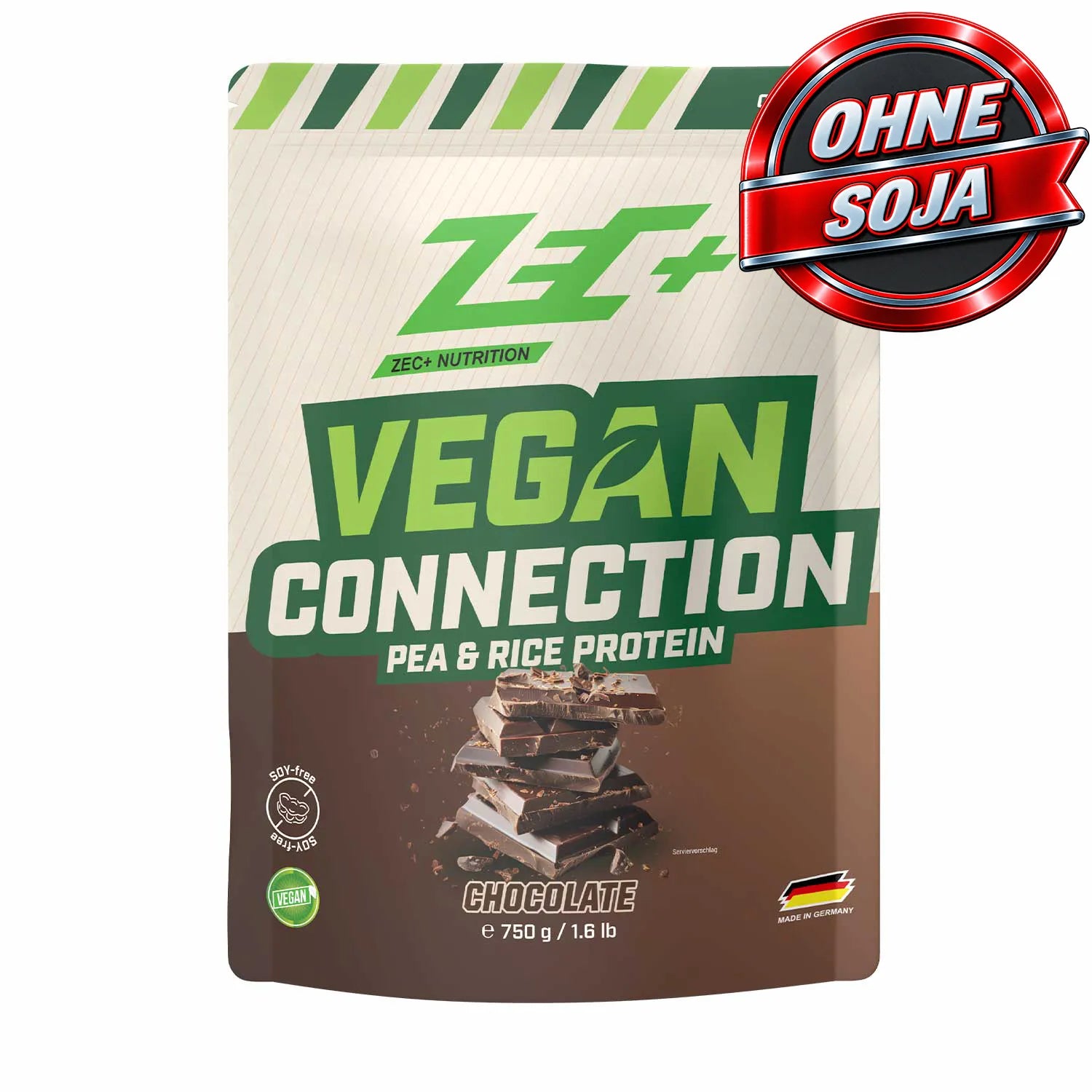 Zecplus Vegan Connection Schokolade 750g Eiweißpulver Vorderseite beiger Standbeutel
