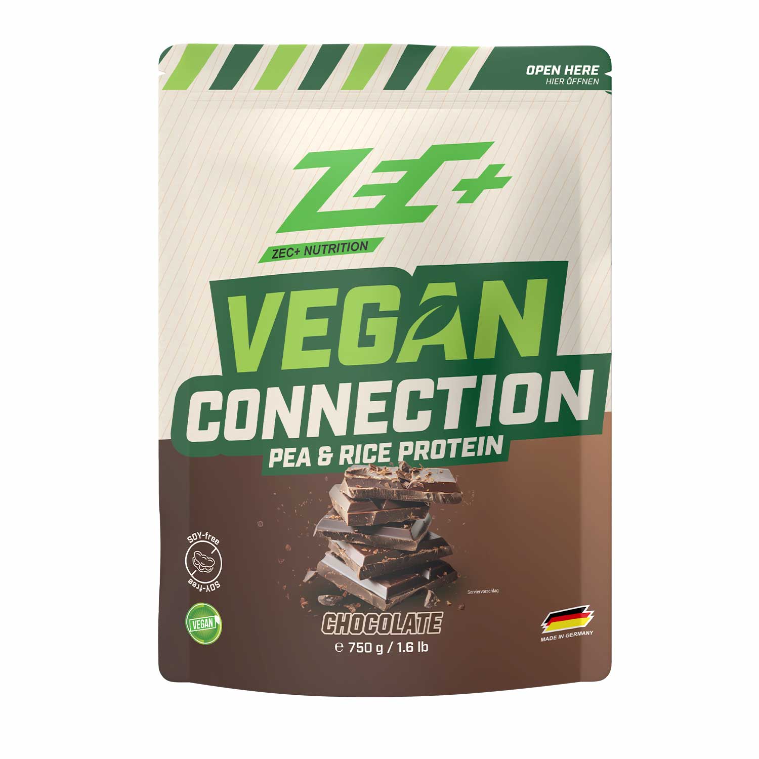 Zecplus Vegan Connection Schokolade 750g Eiweißpulver Vorderseite beiger Standbeutel