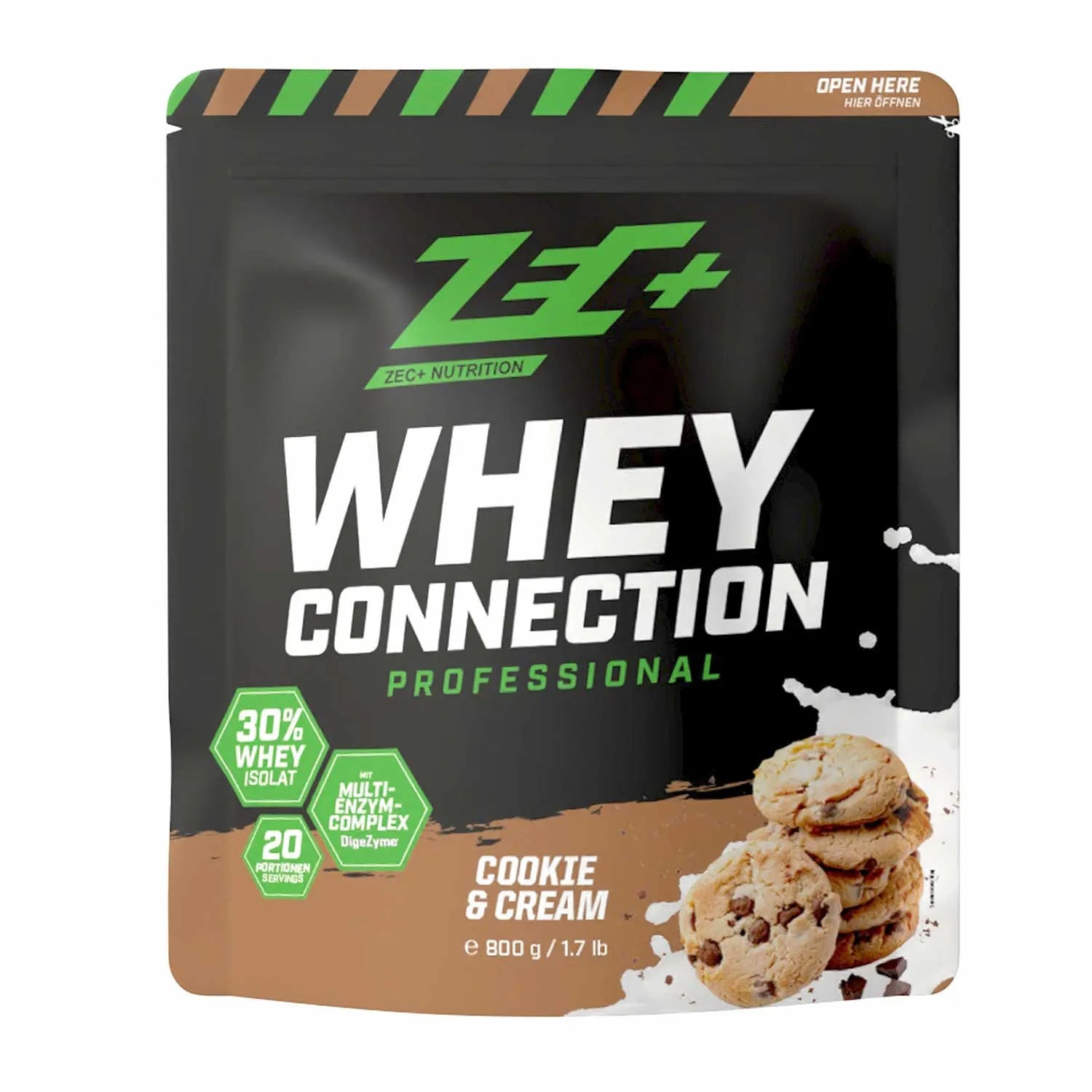 Zecplus Whey Connection Cookies an Cream 800g Proteinpulver Vorderseite schwarzer Standbeutel