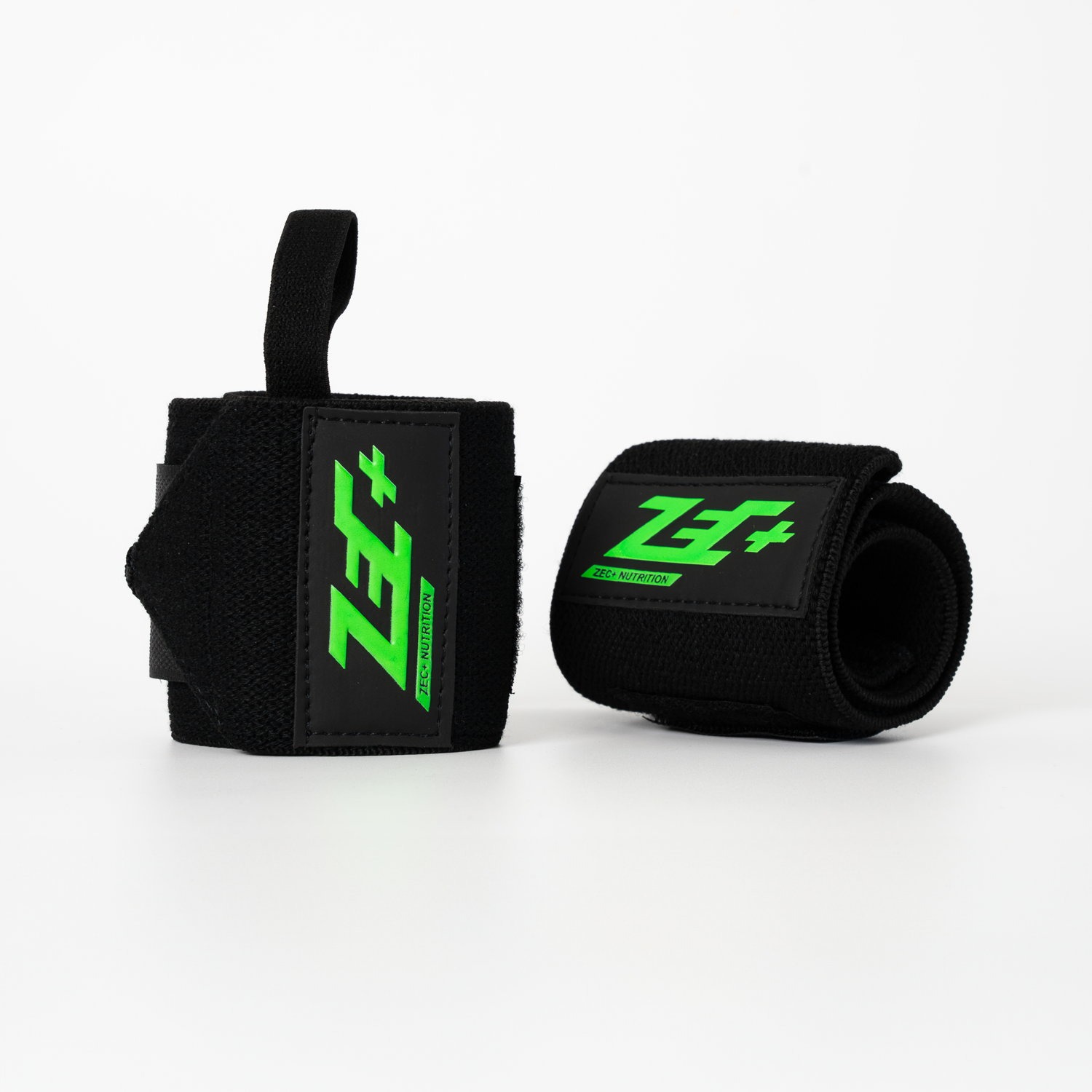 Zec+ Wrist Wraps, zwei Stück nebeneinander, geschlossen, schwarze Bandagen mit grünem Logo.