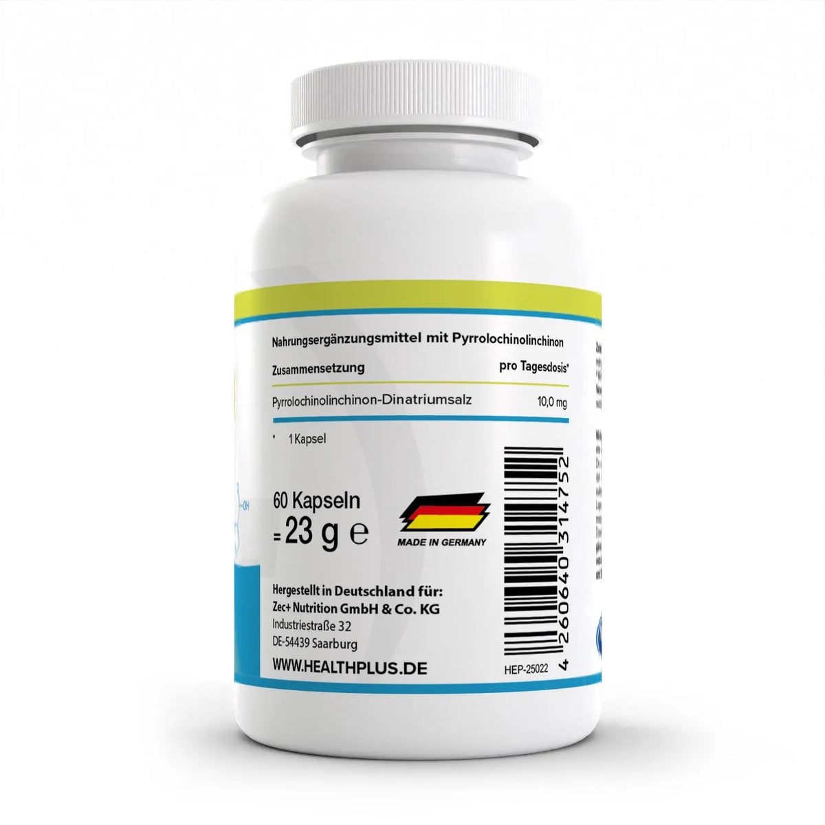 Healthplus PQQ Pyrrolochinolinchinon 60 Kapseln Rückseite Nährwerte Zusammensetzung weiße Kunststoffdose