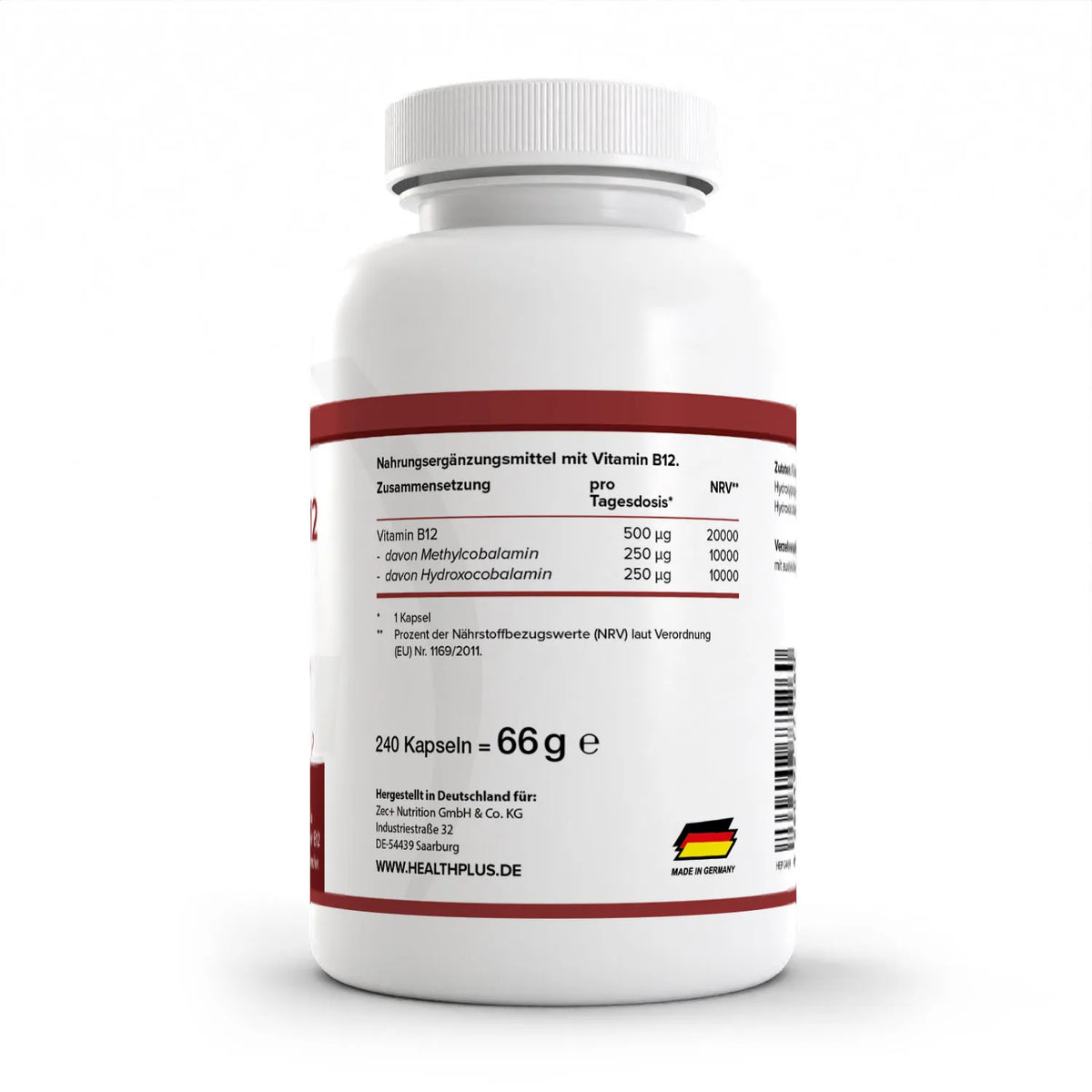 Healthplus Vitamin B12 240 Kapseln Rückseite Nährwerte Zusammensetzung weiße Kunststoffdose