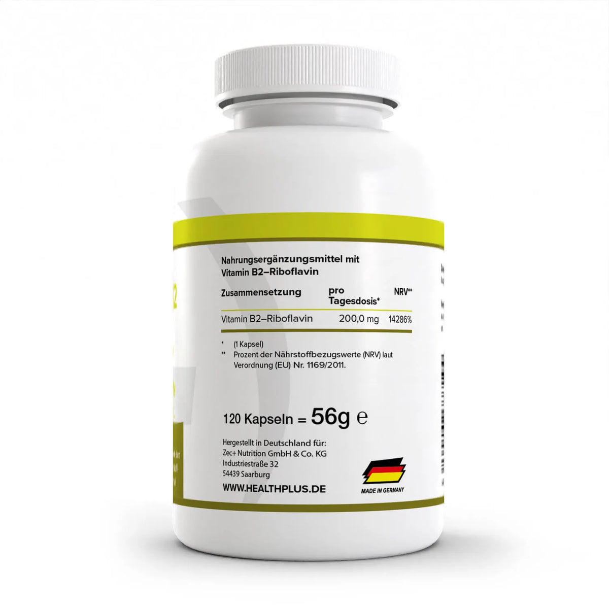 Healthplus Vitamin B2 120 Kapseln Rückseite Nährwerte Zusammensetzung weiße Kunststoffdose