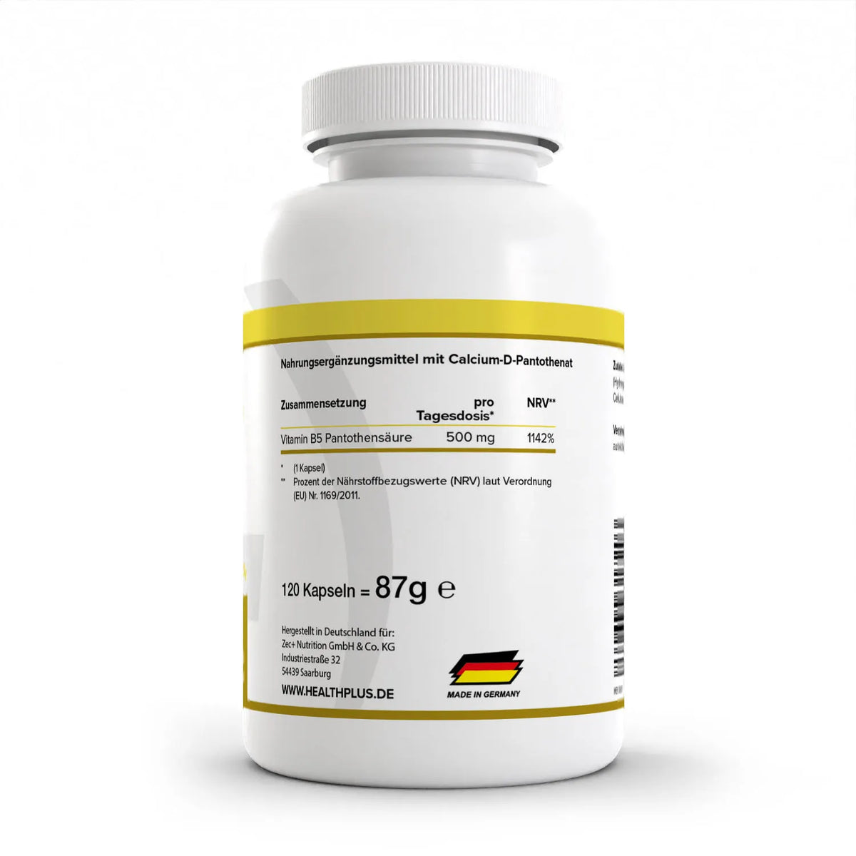 Healthplus Vitamin B5 120 Kapseln Rückseite Nährwerte Zusammensetzung weiße Kunststoffdose