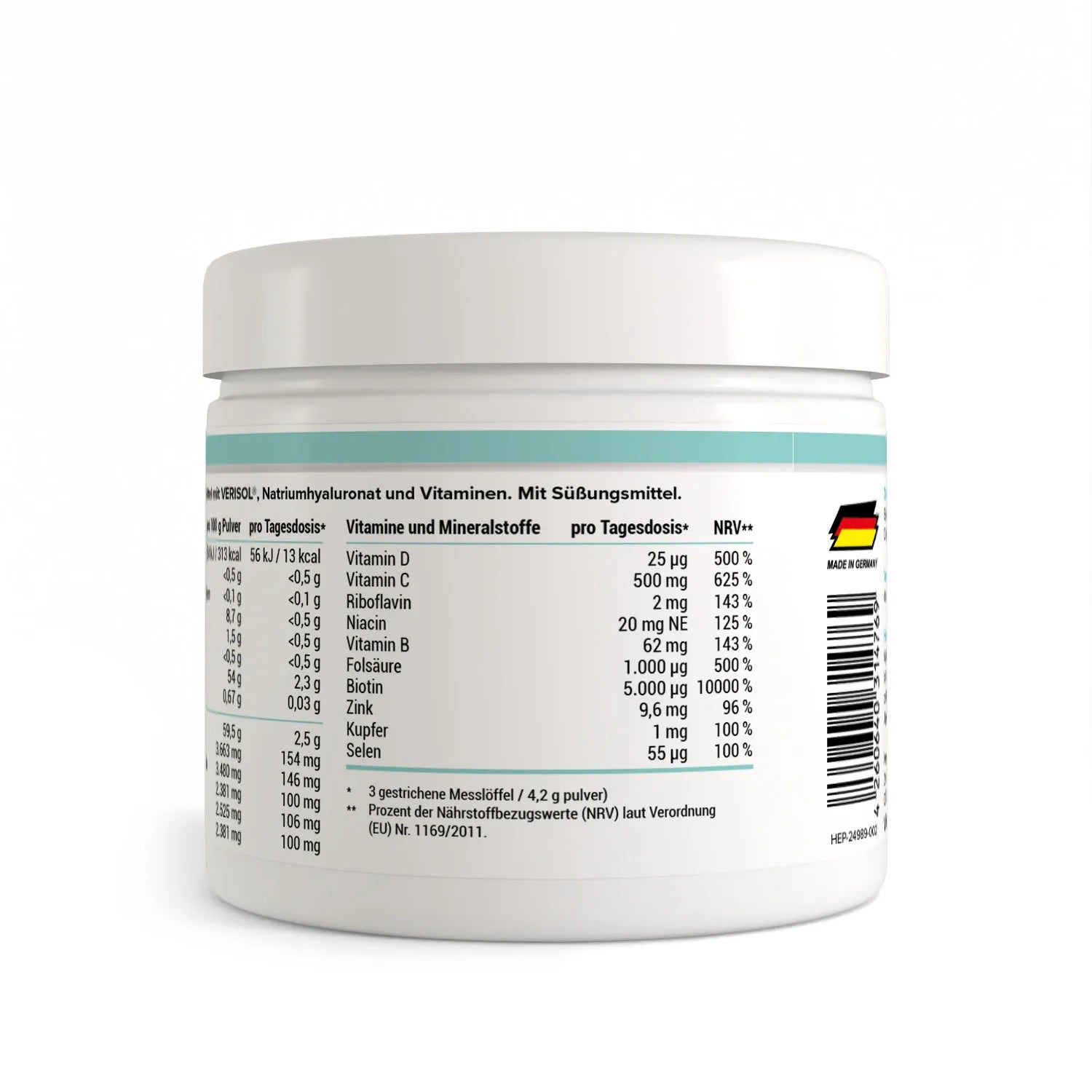 Healthplus All in One Youth Drink 126g Kirsche Rückseite Zutaten weiße Kunststoffdose