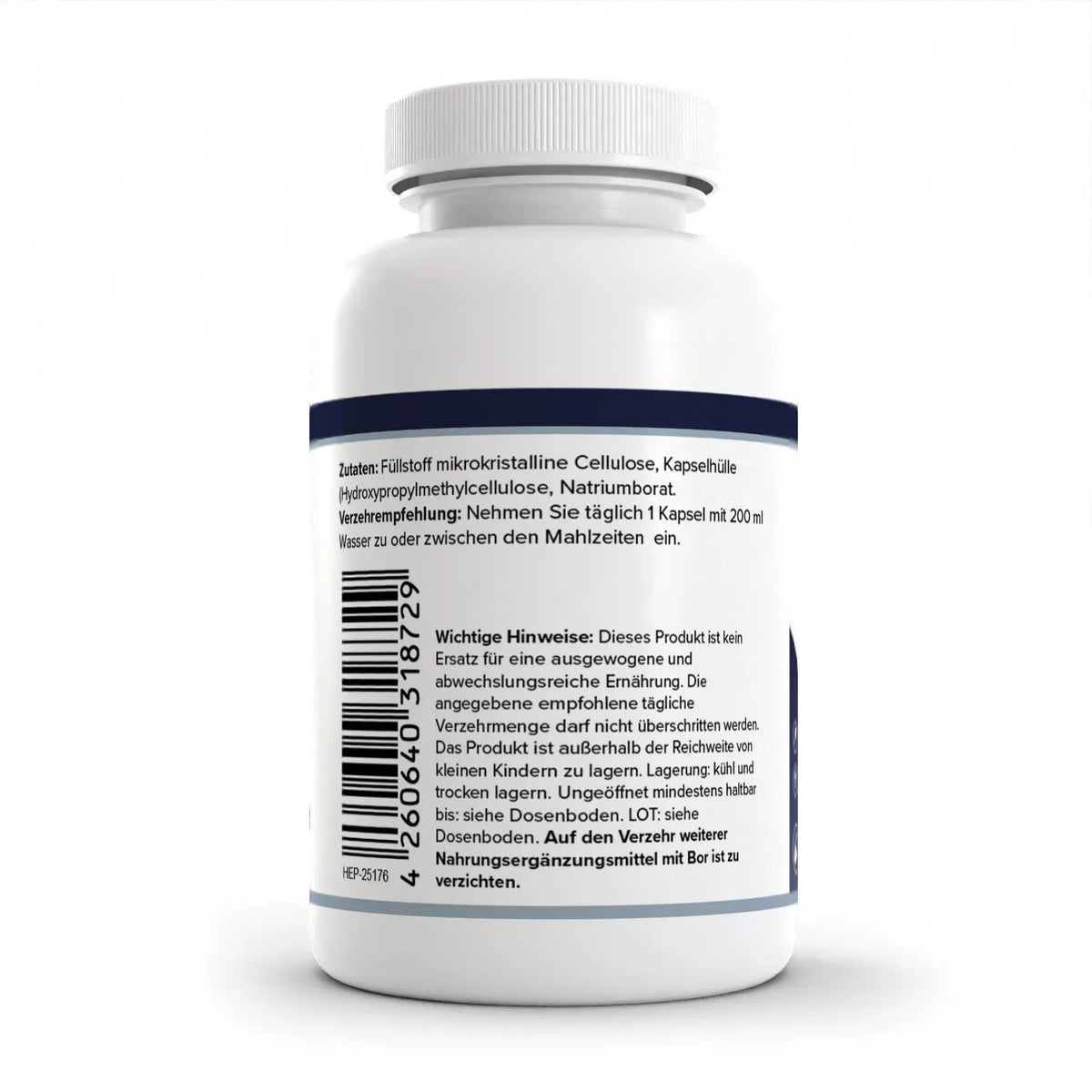 Healthplus Bor Kapseln 90 Stück Rückseite Zutaten weiße Kunststoffdose