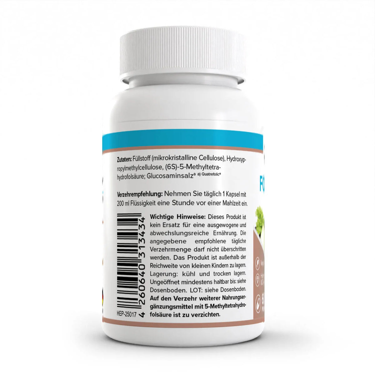 Healthplus Folsäure Kapseln 60 Stück Rückseite Zutaten und Verzehrempfehlung weiße Kunststoffdose